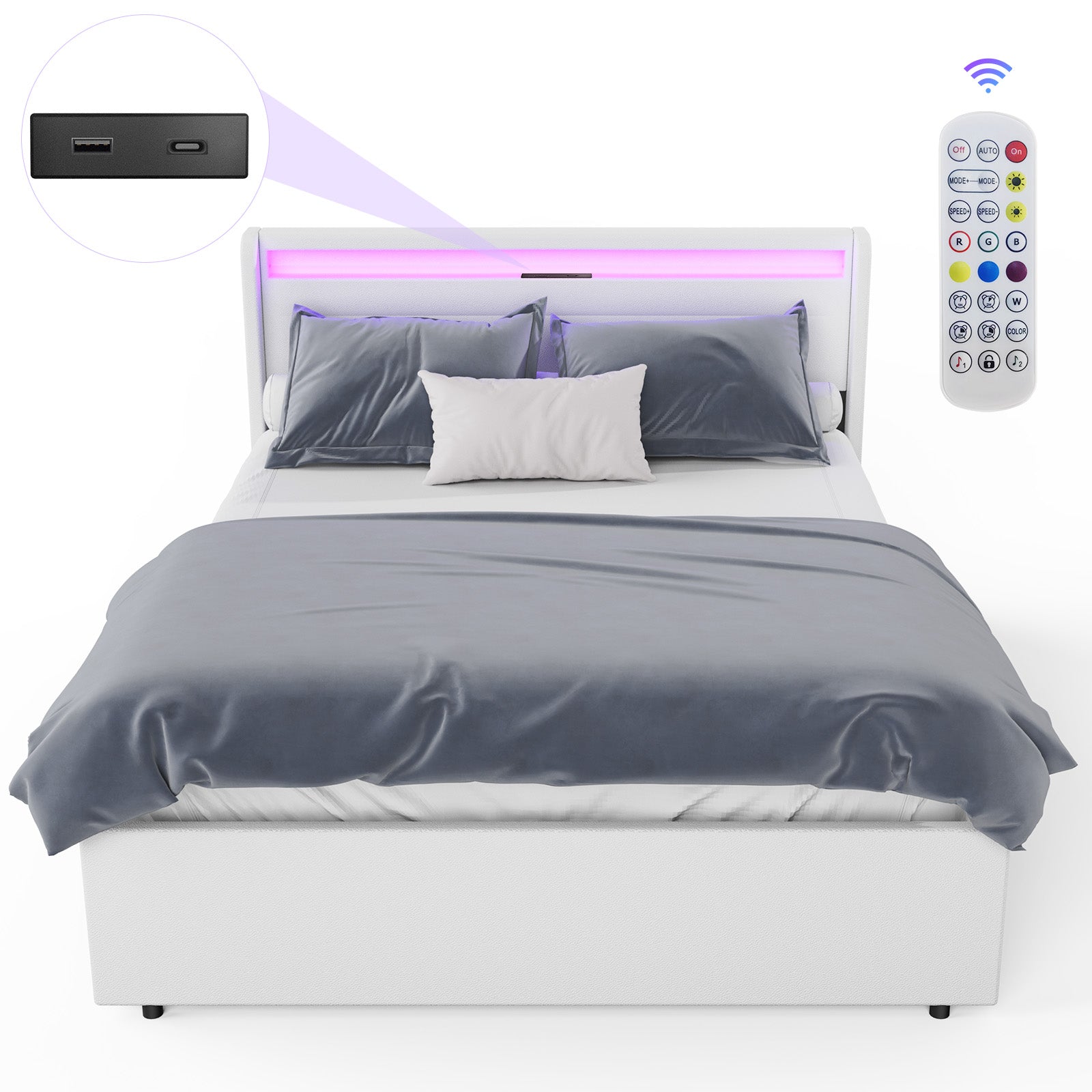 OYAJIA Upholstered Bed with LED Lighting, Four Drawers and USB Charging