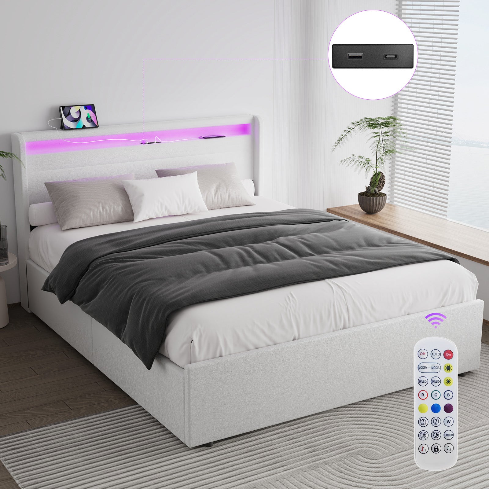 OYAJIA Upholstered Bed with LED Lighting, Four Drawers and USB Charging