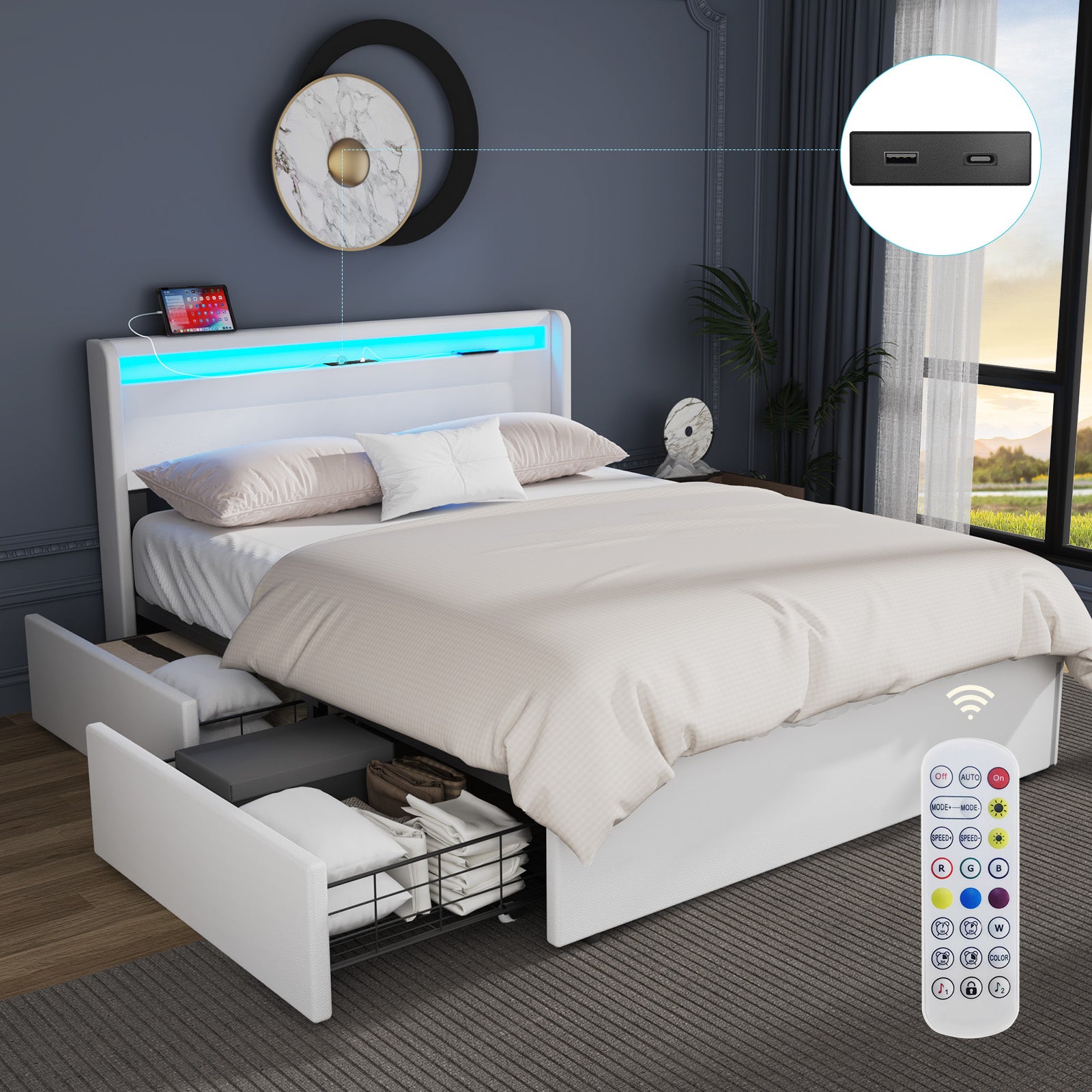 OYAJIA Upholstered Bed with LED Lighting, Four Drawers and USB Charging