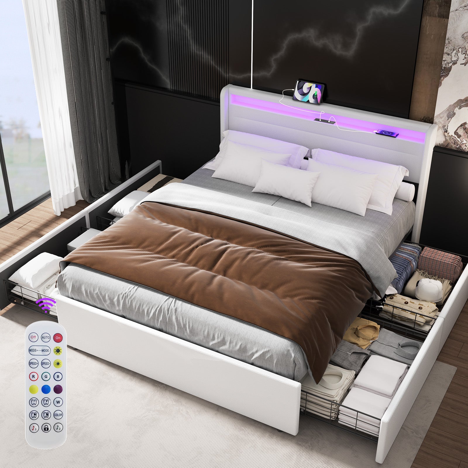 OYAJIA Upholstered Bed with LED Lighting, Four Drawers and USB Charging