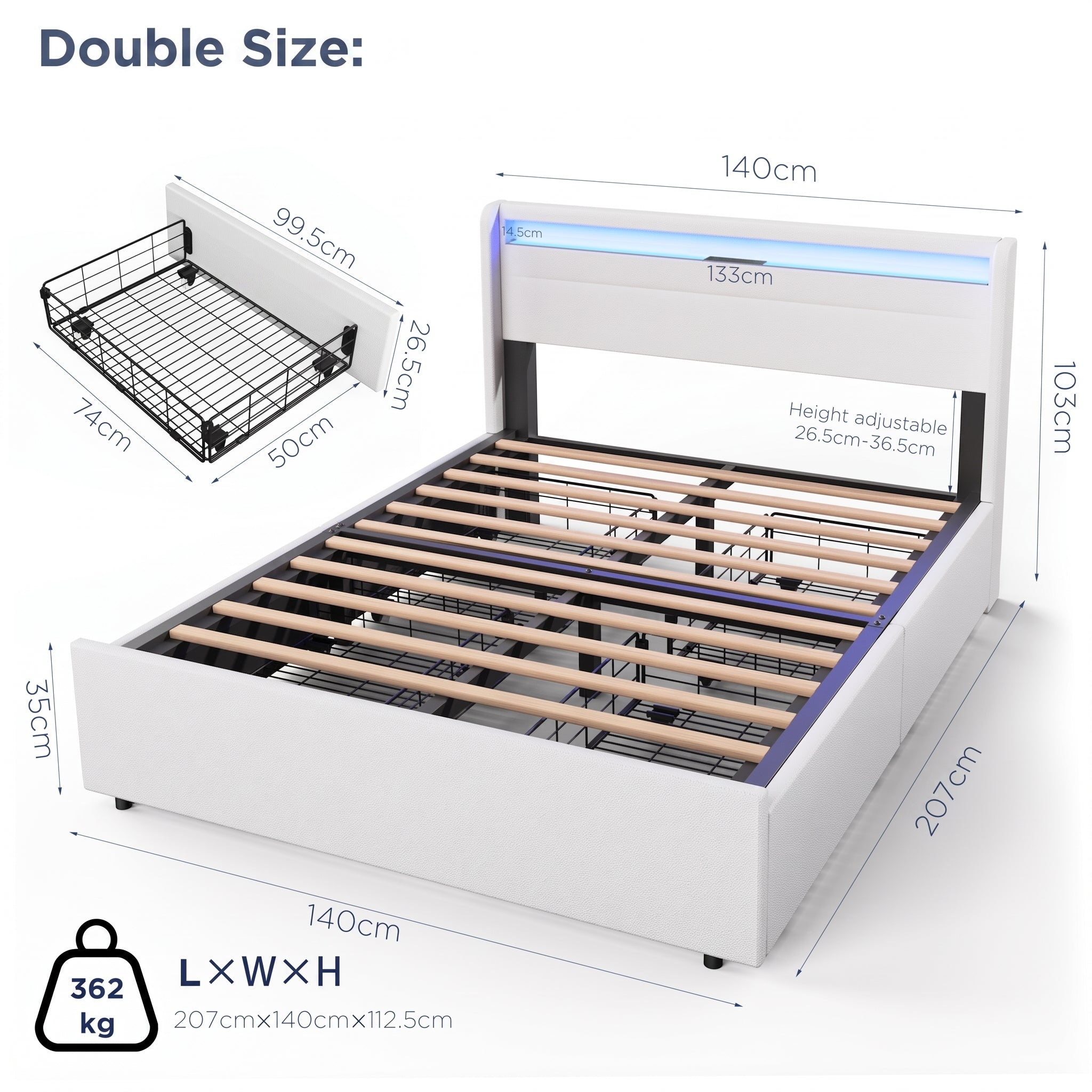 OYAJIA Upholstered Bed with LED Lighting, Four Drawers and USB Charging