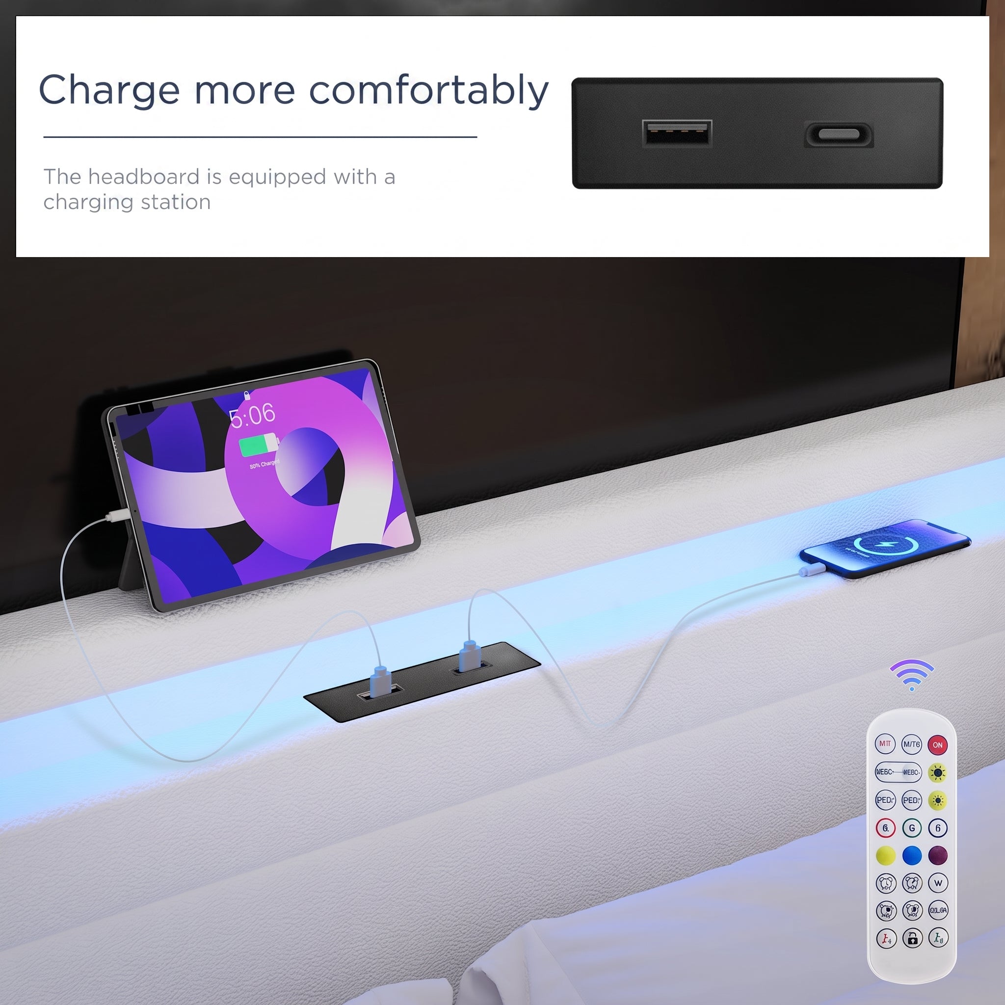 OYAJIA Upholstered Bed with LED Lighting, Four Drawers and USB Charging
