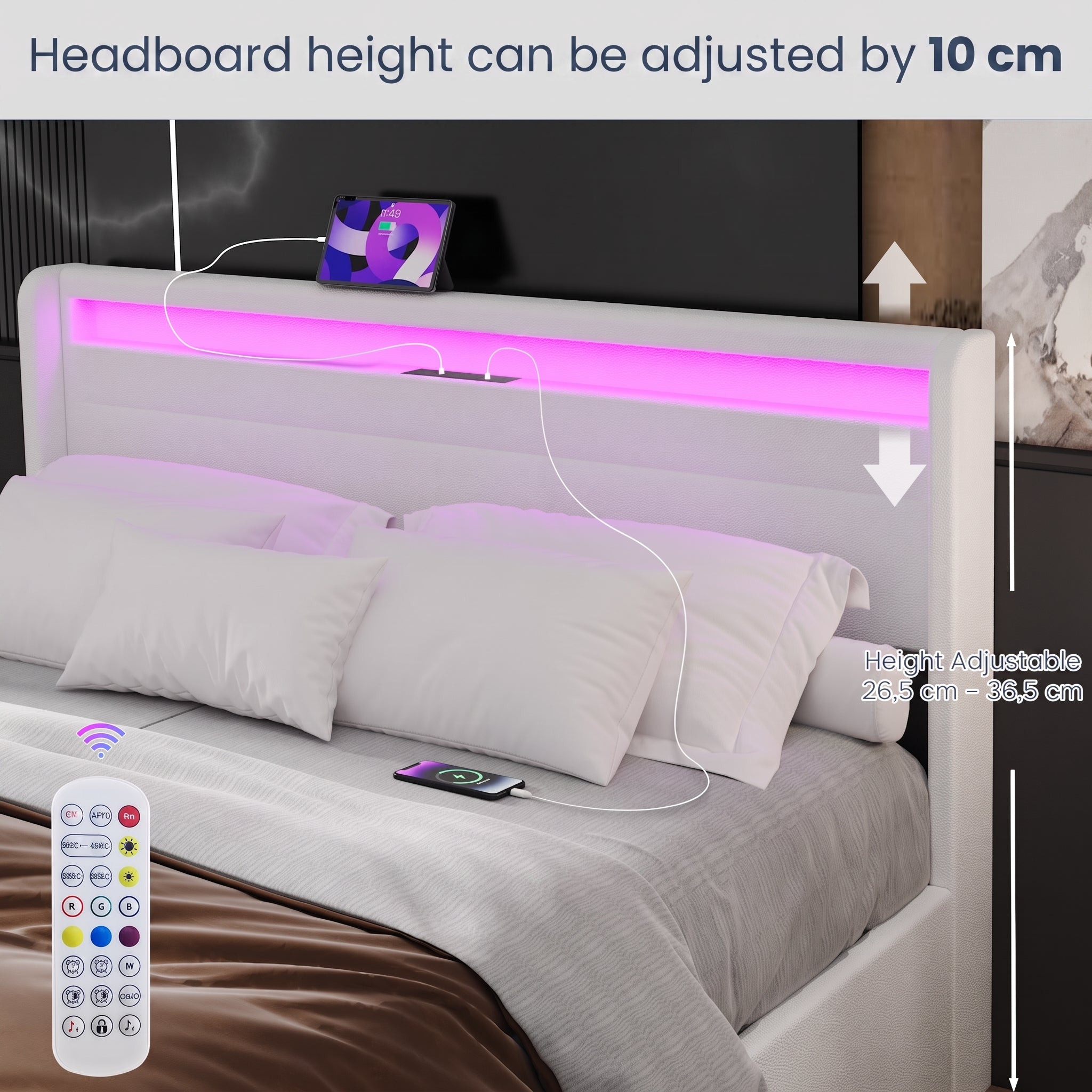 OYAJIA Upholstered Bed with LED Lighting, Four Drawers and USB Charging