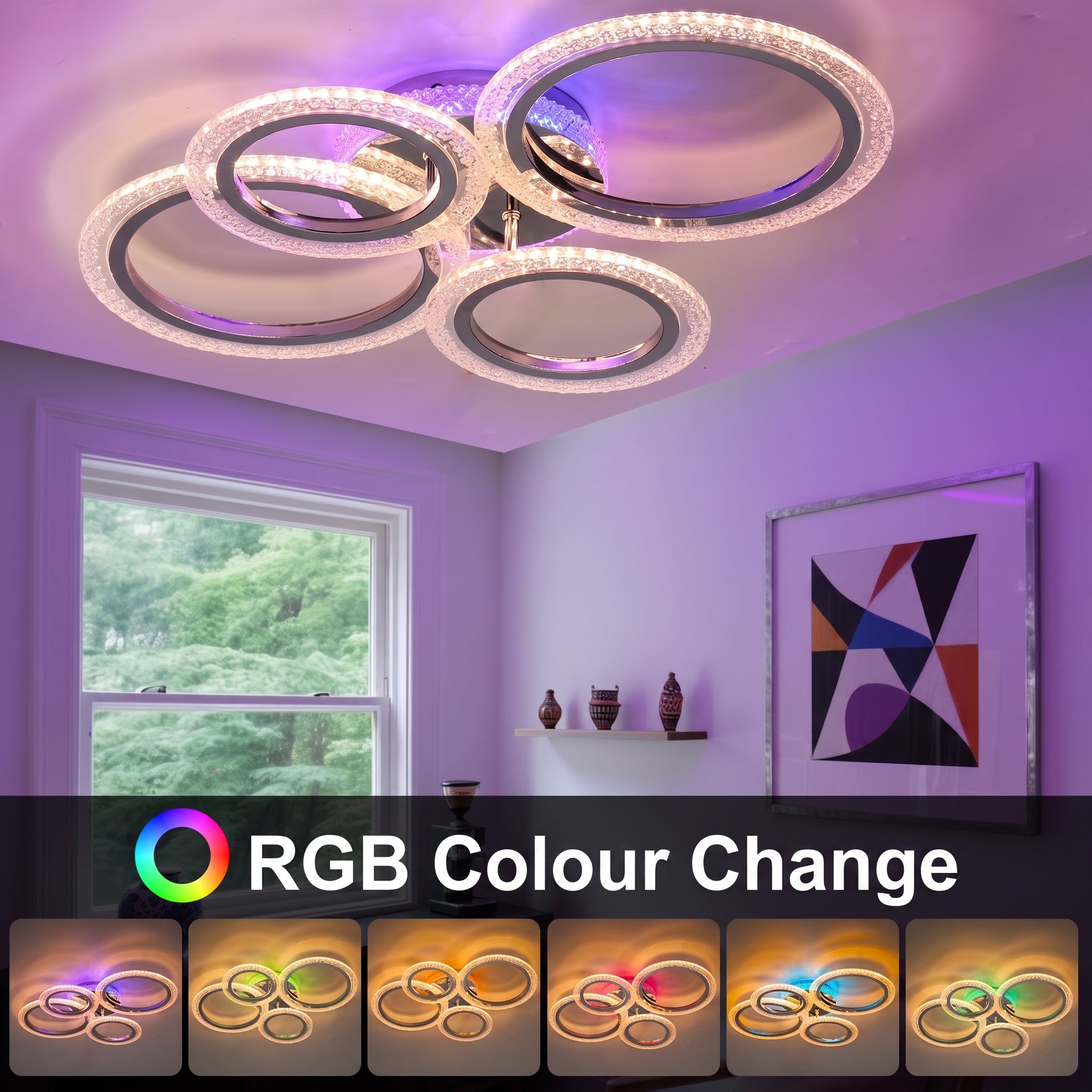 OYAJIA 36W RGB LED Ceiling Light with 4 Rings, Crystal Effect and Dimmable Color Changing