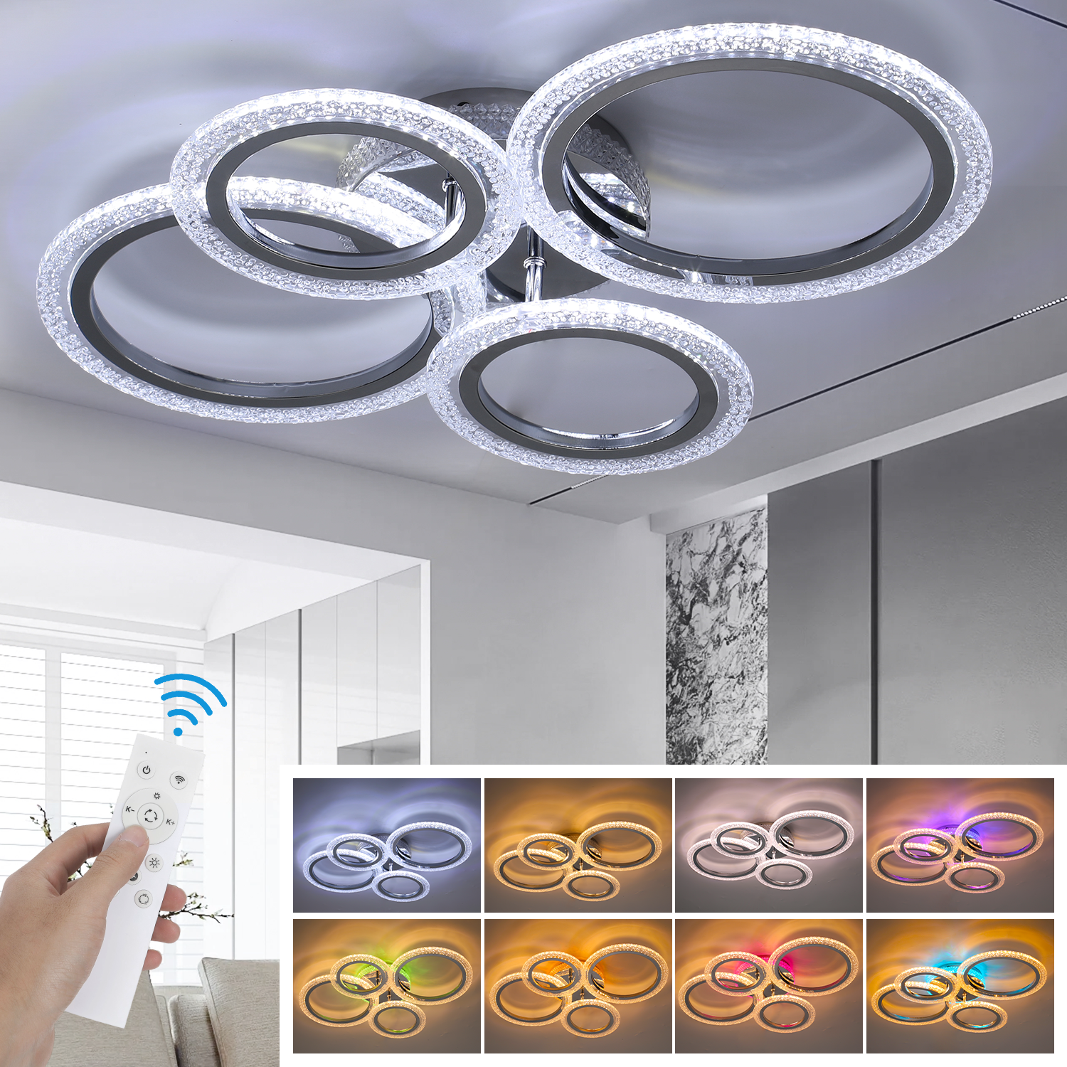 OYAJIA 36W RGB LED Ceiling Light with 4 Rings, Crystal Effect and Dimmable Color Changing