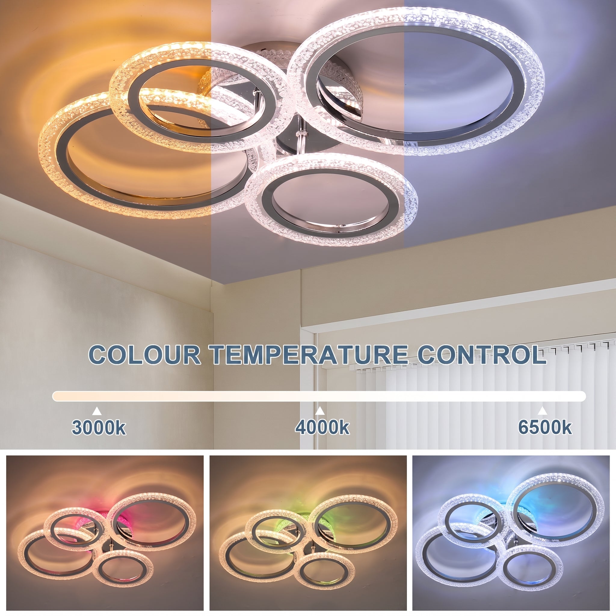 OYAJIA 36W RGB LED Ceiling Light with 4 Rings, Crystal Effect and Dimmable Color Changing