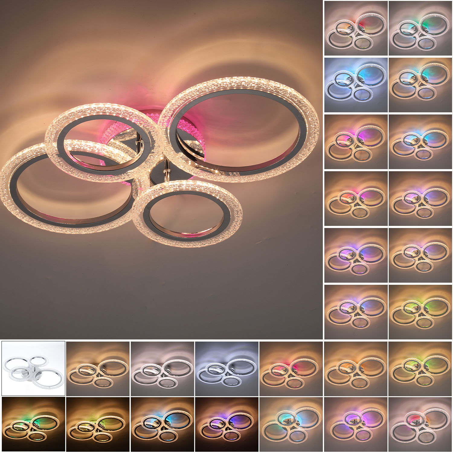 OYAJIA 36W RGB LED Ceiling Light with 4 Rings, Crystal Effect and Dimmable Color Changing