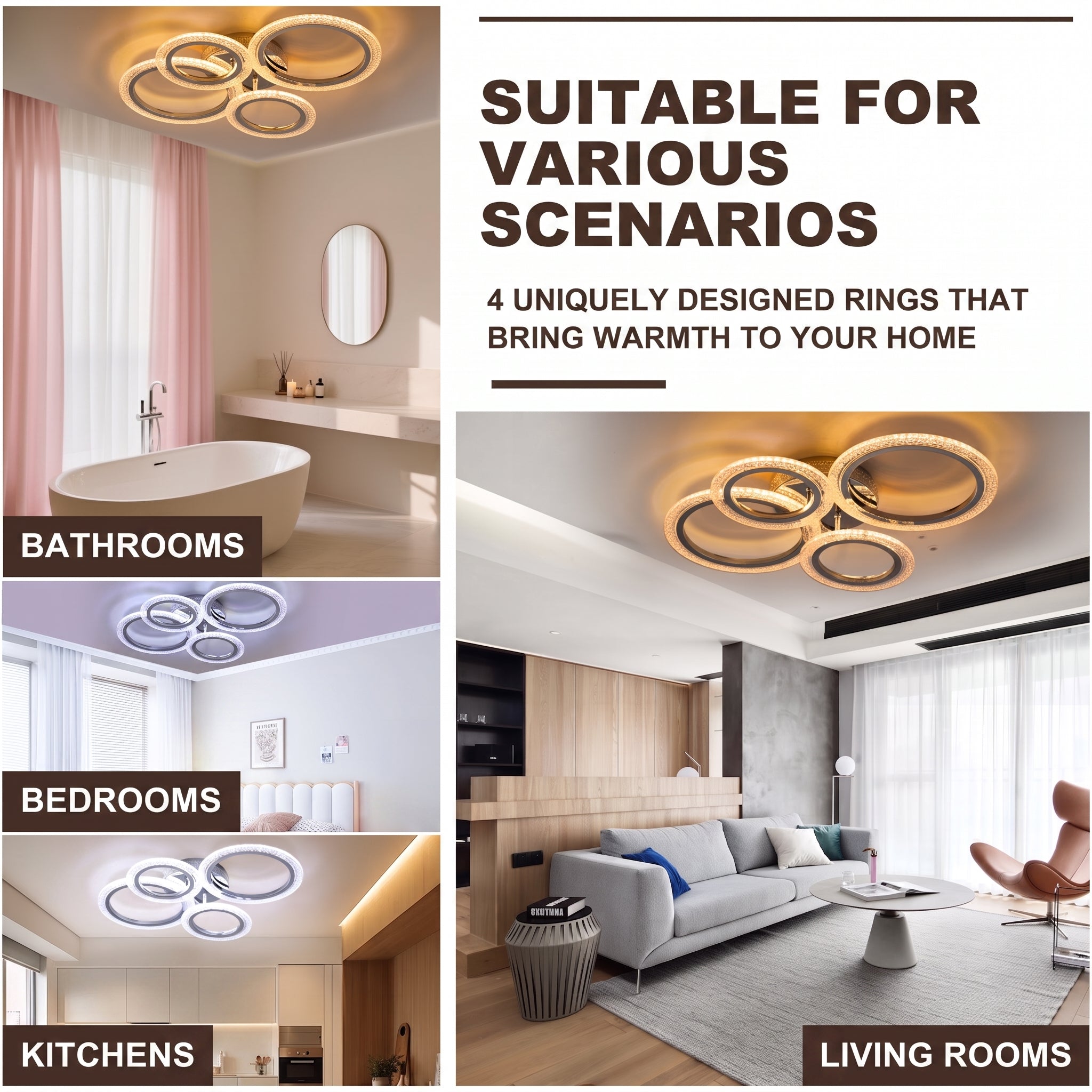 OYAJIA 36W RGB LED Ceiling Light with 4 Rings, Crystal Effect and Dimmable Color Changing