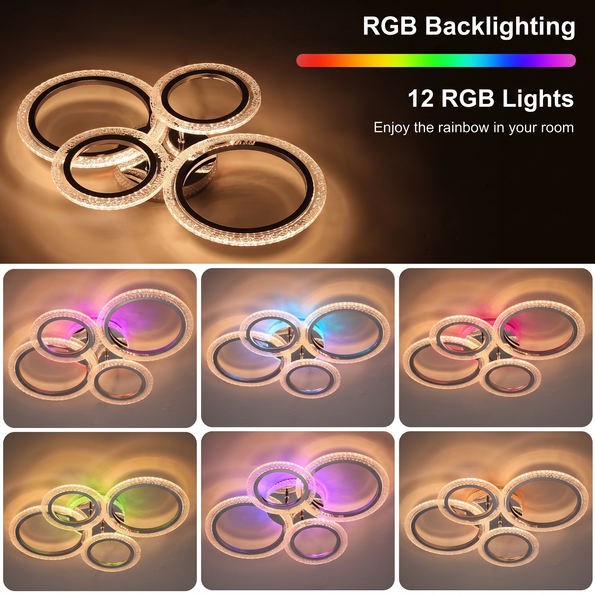 OYAJIA 36W RGB LED Ceiling Light with 4 Rings, Crystal Effect and Dimmable Color Changing