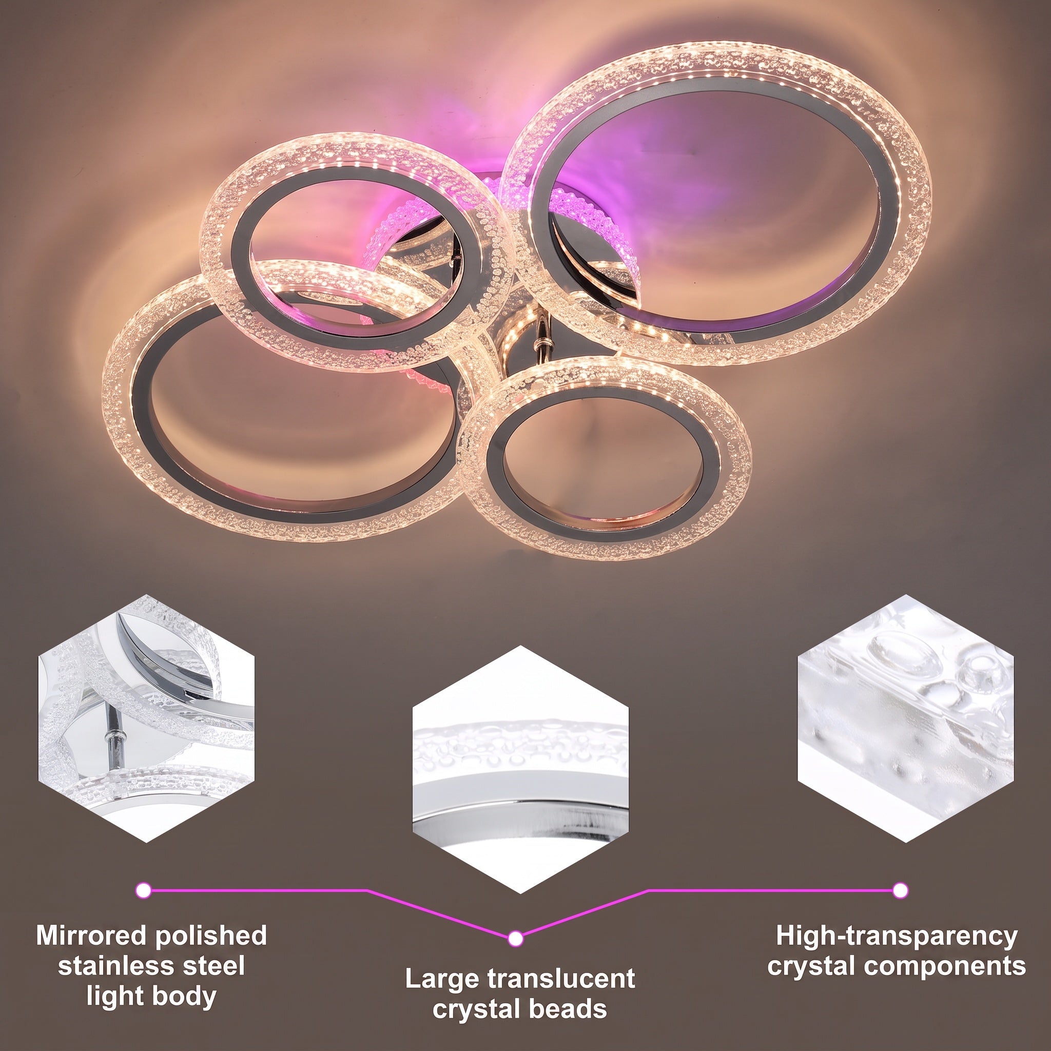 OYAJIA 36W RGB LED Ceiling Light with 4 Rings, Crystal Effect and Dimmable Color Changing