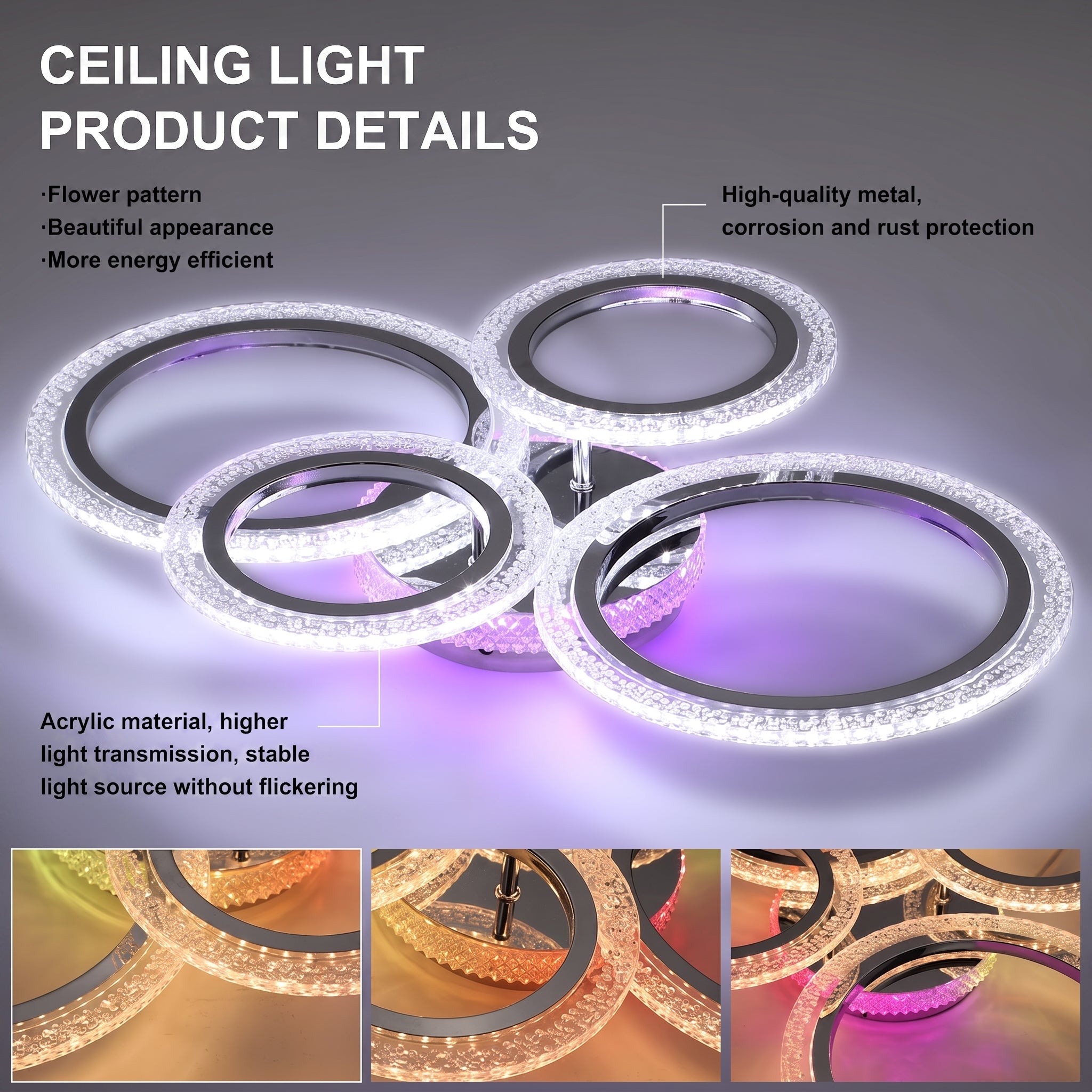 OYAJIA 36W RGB LED Ceiling Light with 4 Rings, Crystal Effect and Dimmable Color Changing