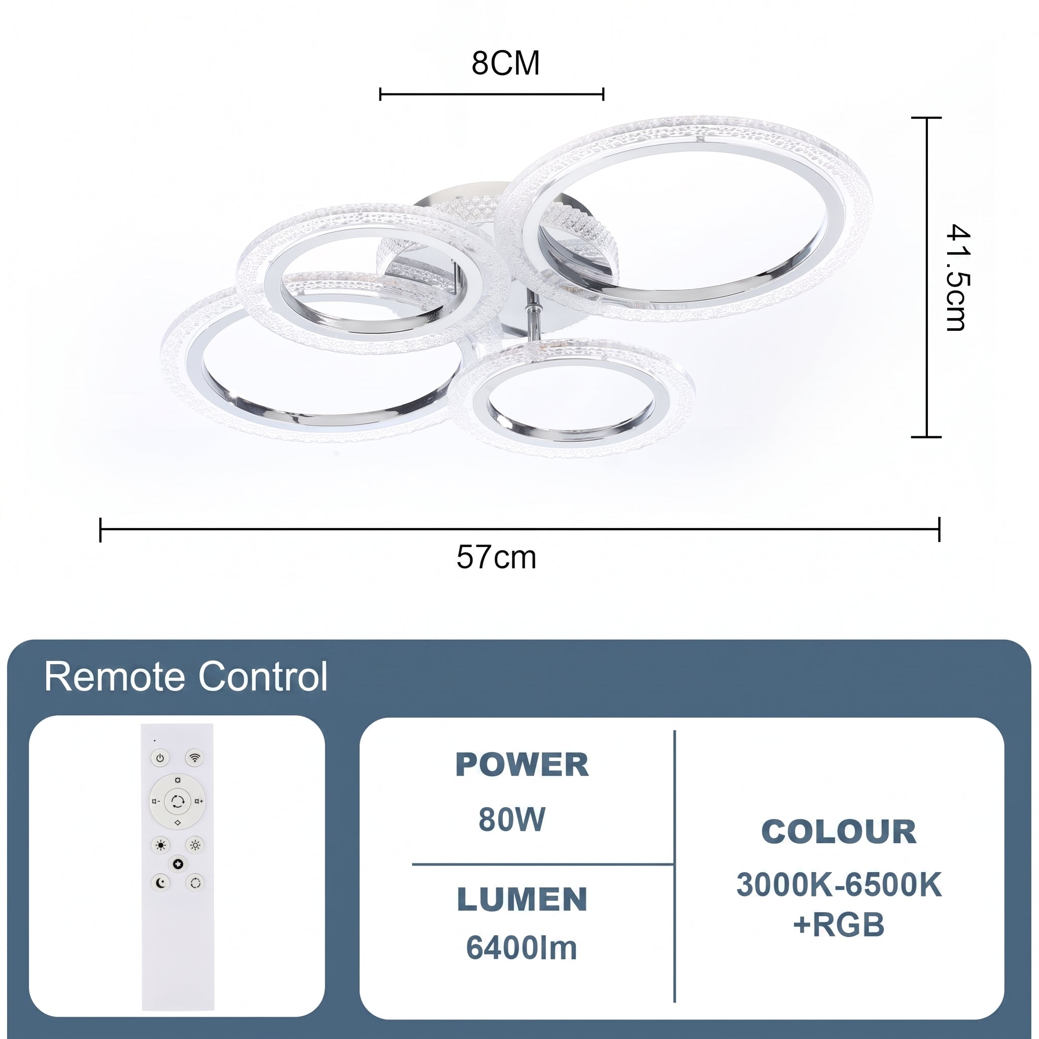 OYAJIA 36W RGB LED Ceiling Light with 4 Rings, Crystal Effect and Dimmable Color Changing