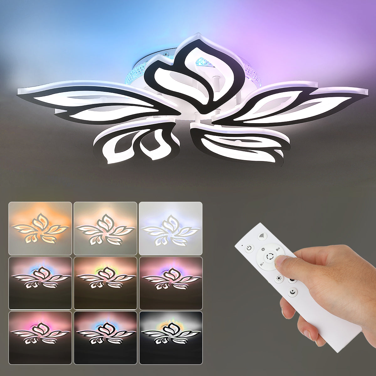 OYAJIA 54W RGB LED Ceiling Light with Remote Control, Dimmable 3000-6500K Floral Design