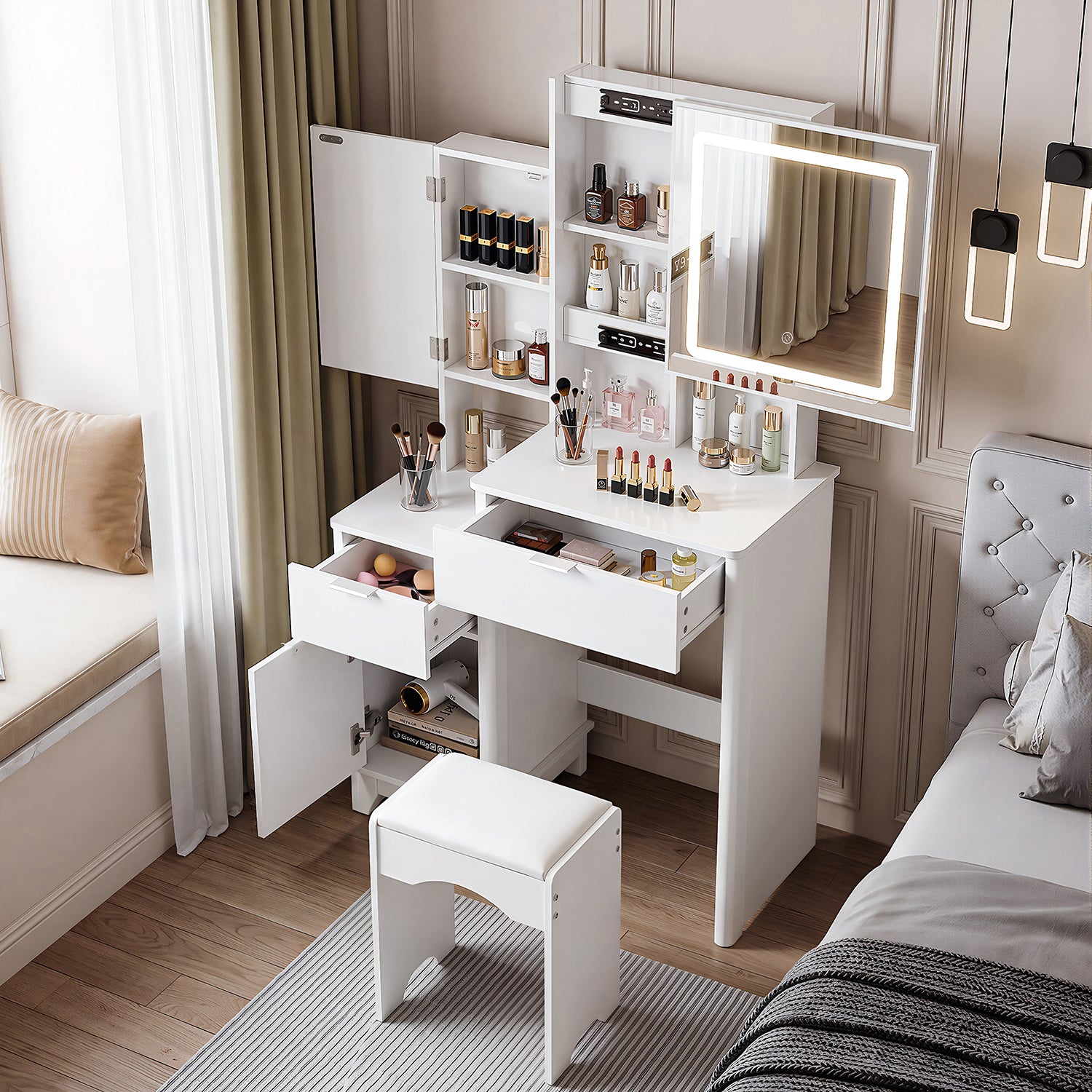 OYAJIA Vanity Dressing Table with Sliding Mirror, 3-Color LED Lights, Stool and Storage Cabinet