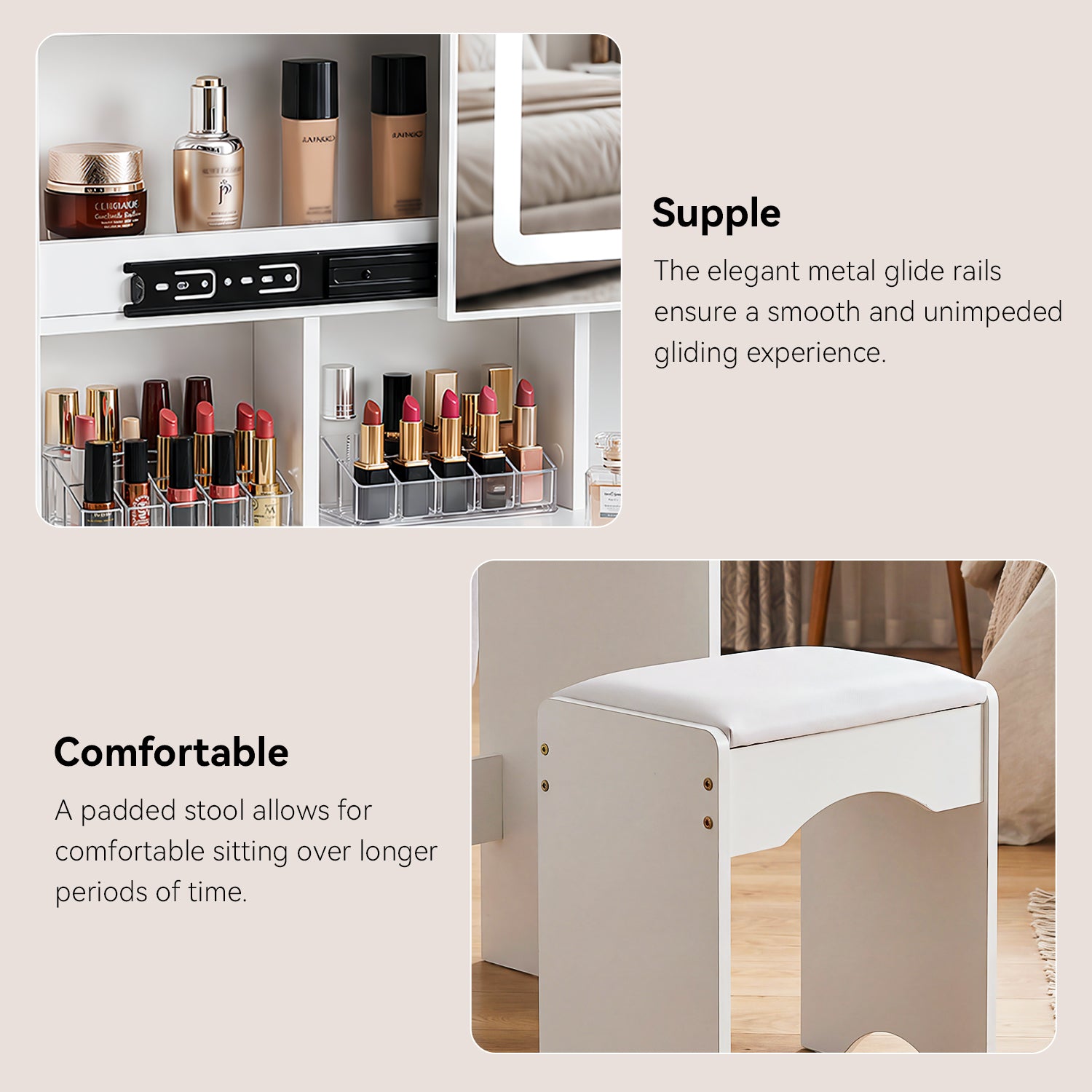 OYAJIA Vanity Dressing Table with Sliding Mirror, 3-Color LED Lights, Stool and Storage Cabinet