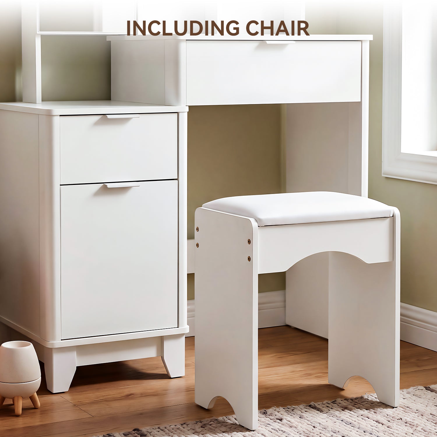 OYAJIA Vanity Dressing Table with Sliding Mirror, 3-Color LED Lights, Stool and Storage Cabinet