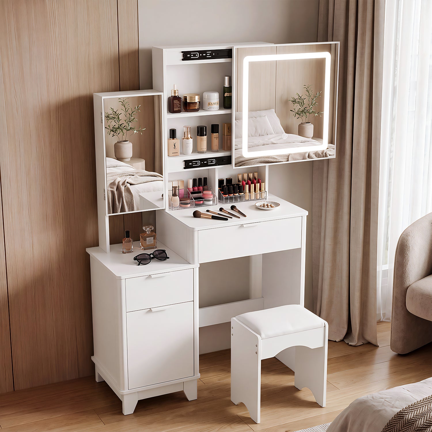 OYAJIA Vanity Dressing Table with Sliding Mirror, 3-Color LED Lights, Stool and Storage Cabinet