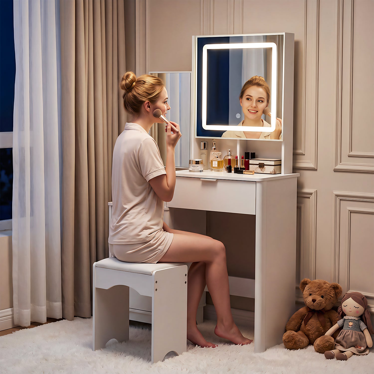 OYAJIA Vanity Dressing Table with Sliding Mirror, 3-Color LED Lights, Stool and Storage Cabinet