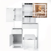 OYAJIA Vanity Dressing Table with Sliding Mirror, 3-Color LED Lights, Stool and Storage Cabinet