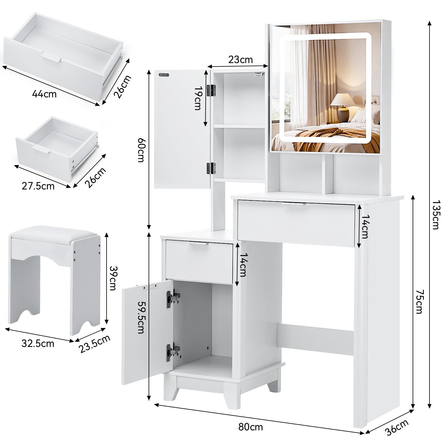 OYAJIA Vanity Dressing Table with Sliding Mirror, 3-Color LED Lights, Stool and Storage Cabinet