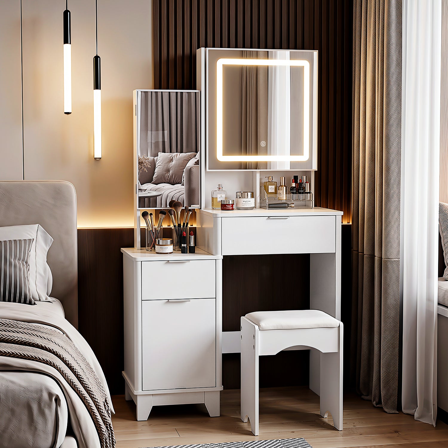 OYAJIA Vanity Dressing Table with Sliding Mirror, 3-Color LED Lights, Stool and Storage Cabinet