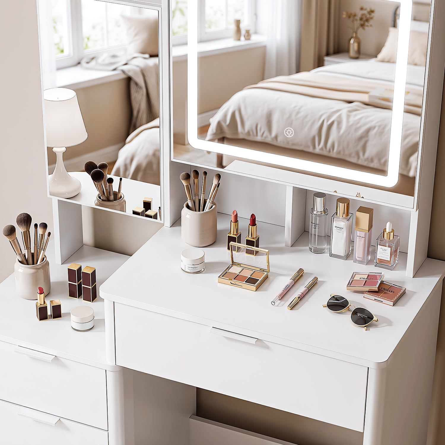 OYAJIA Vanity Dressing Table with Sliding Mirror, 3-Color LED Lights, Stool and Storage Cabinet