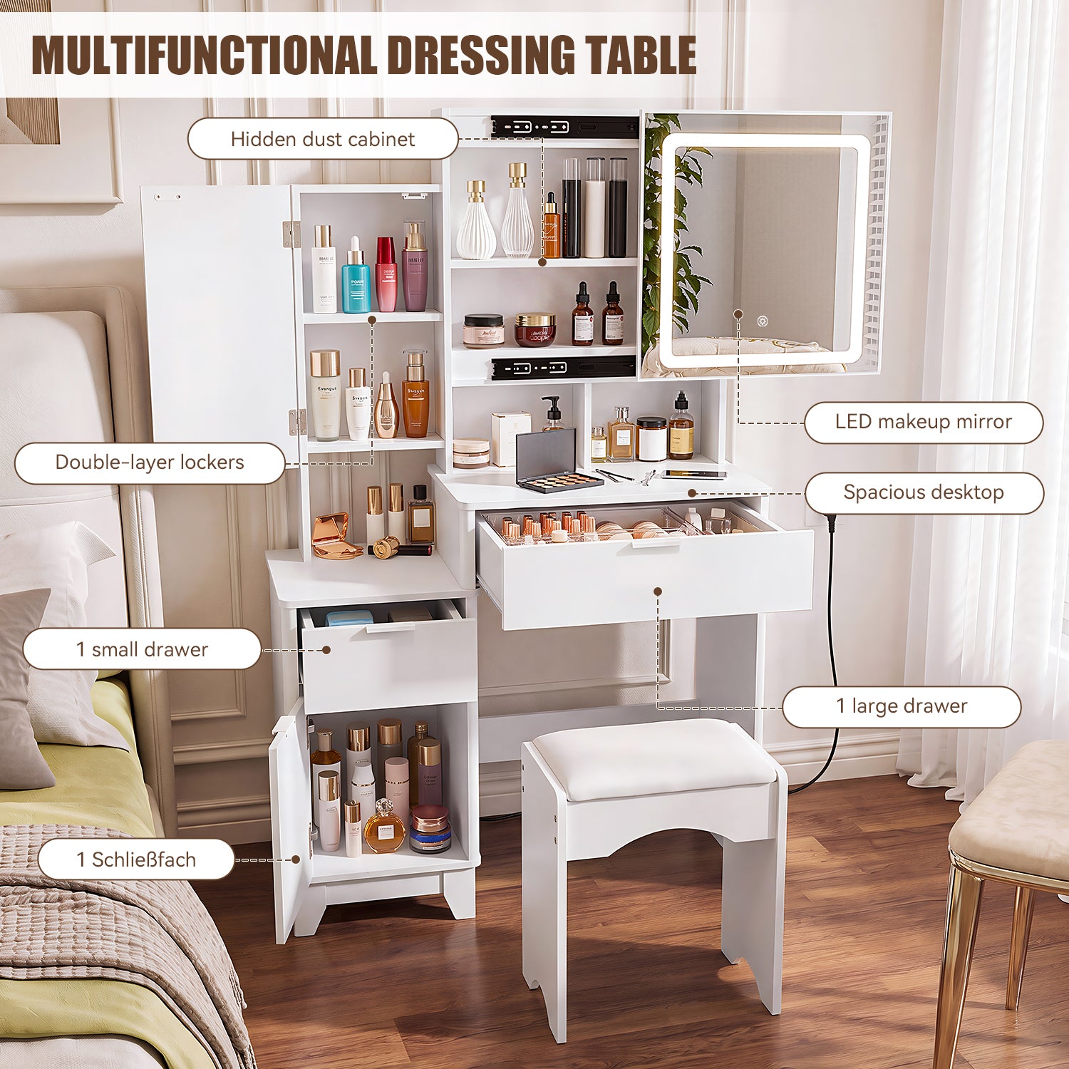 OYAJIA Vanity Dressing Table with Sliding Mirror, 3-Color LED Lights, Stool and Storage Cabinet