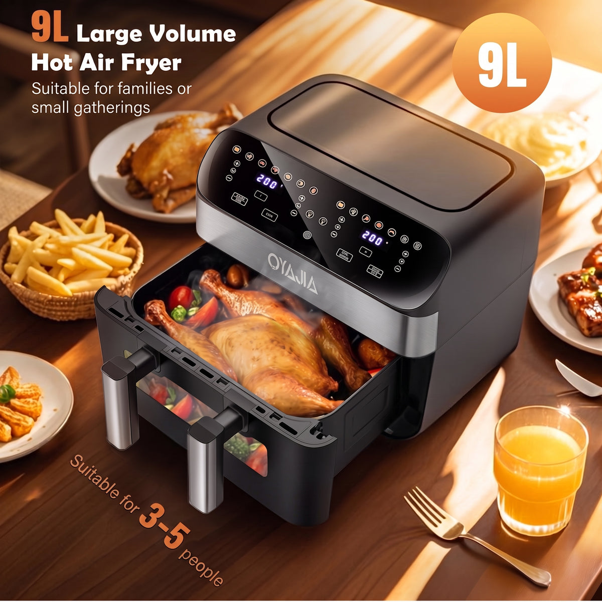 OYAJIA 9L Dual Zone Air Fryer with Window, Sync Cooking and Flexible Basket