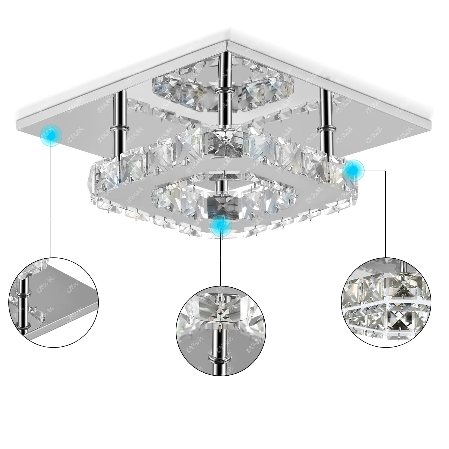 OYAJIA Crystal LED Ceiling Light 12W, Square Flush Mount Lamp for Bedroom, Hallway and Living Room