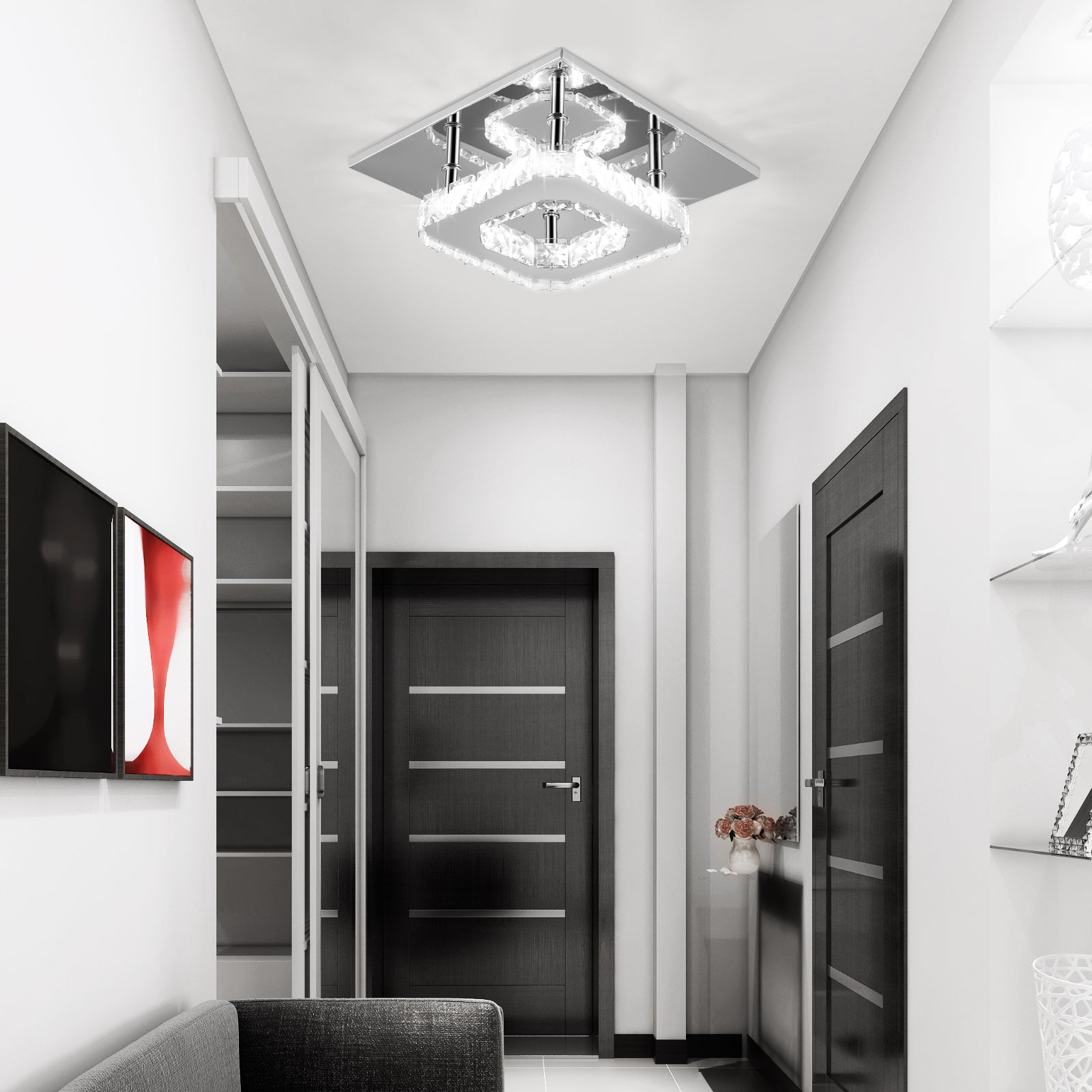 OYAJIA Crystal LED Ceiling Light 12W, Square Flush Mount Lamp for Bedroom, Hallway and Living Room