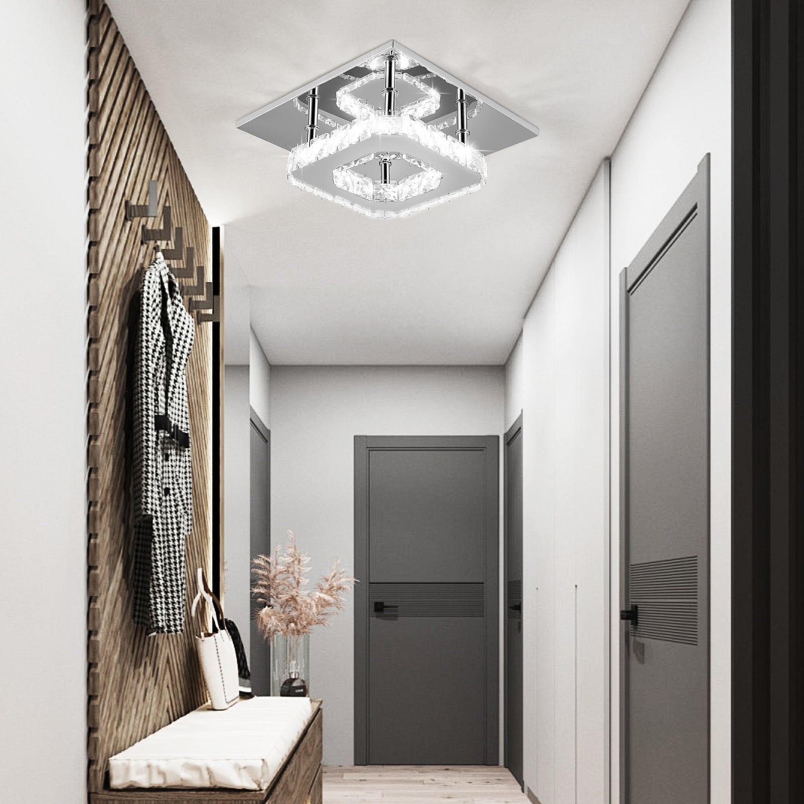 OYAJIA Crystal LED Ceiling Light 12W, Square Flush Mount Lamp for Bedroom, Hallway and Living Room