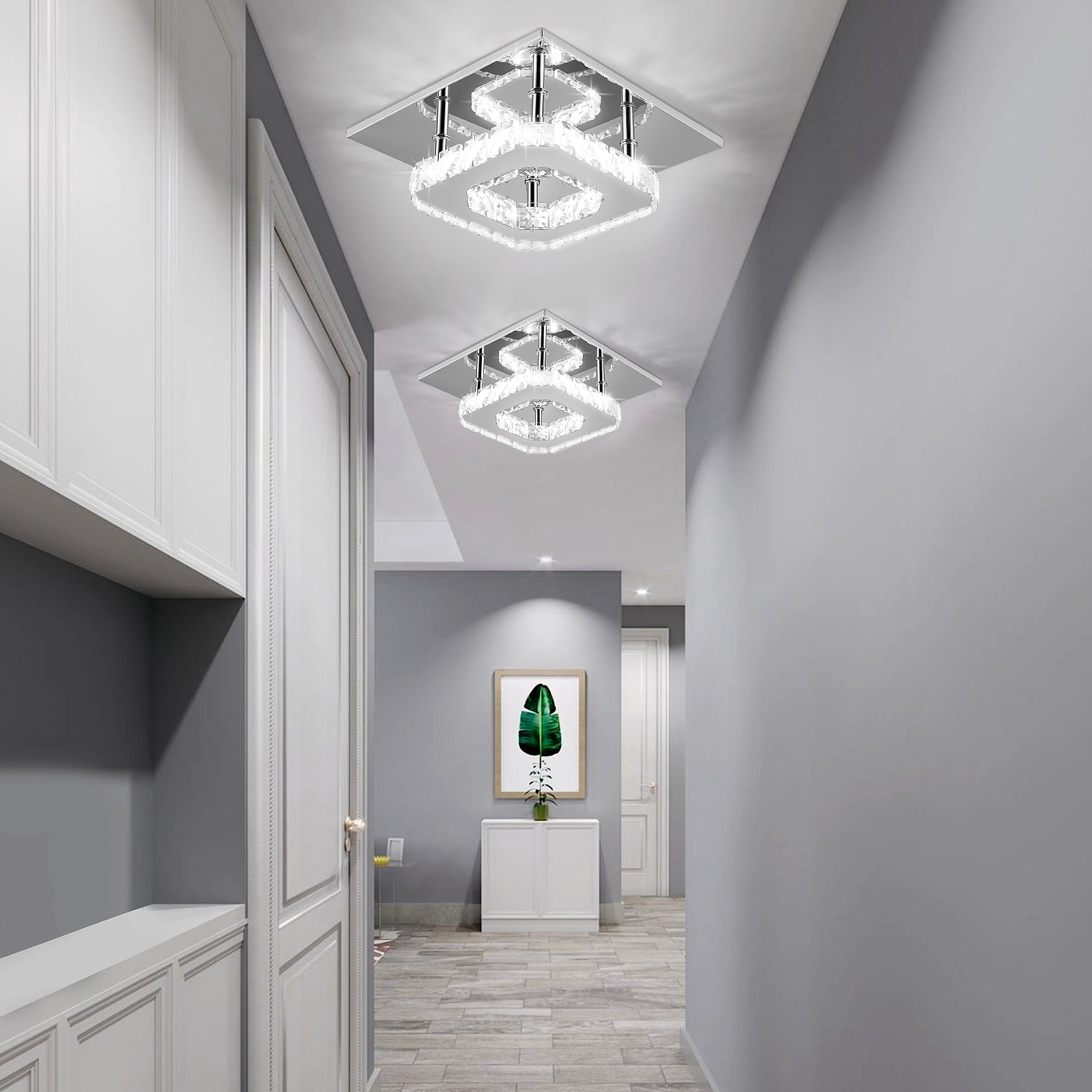 OYAJIA Crystal LED Ceiling Light 12W, Square Flush Mount Lamp for Bedroom, Hallway and Living Room