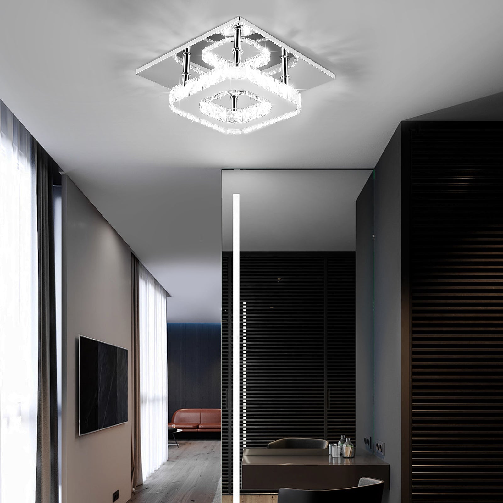 OYAJIA Crystal LED Ceiling Light 12W, Square Flush Mount Lamp for Bedroom, Hallway and Living Room