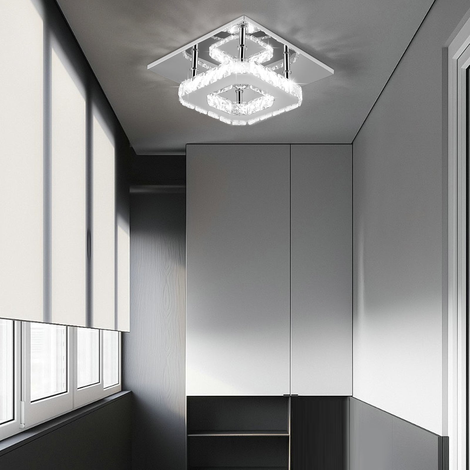 OYAJIA Crystal LED Ceiling Light 12W, Square Flush Mount Lamp for Bedroom, Hallway and Living Room