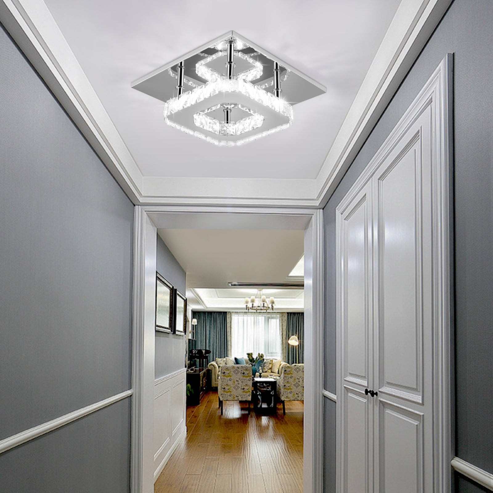 OYAJIA Crystal LED Ceiling Light 12W, Square Flush Mount Lamp for Bedroom, Hallway and Living Room