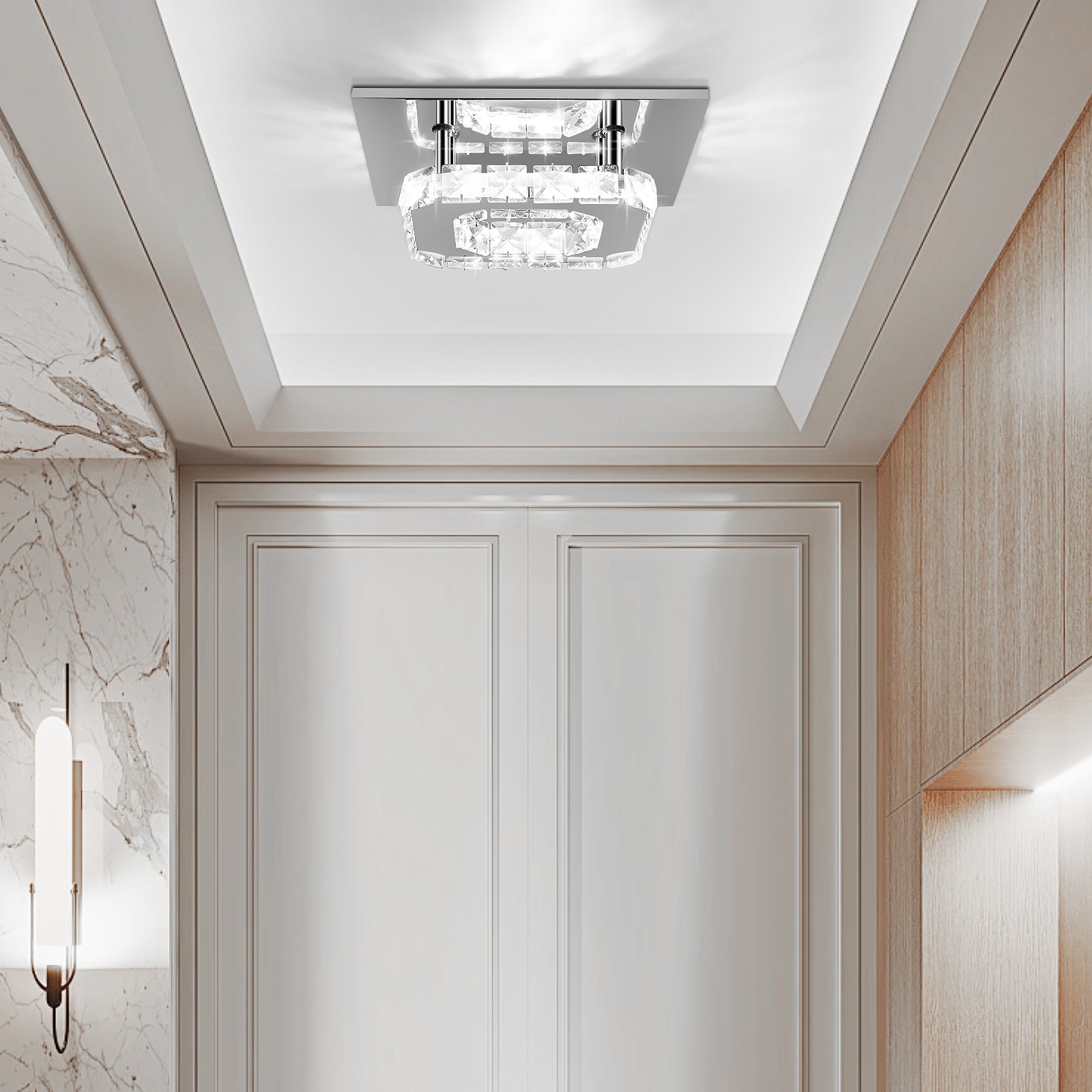 OYAJIA Crystal LED Ceiling Light 12W, Square Flush Mount Lamp for Bedroom, Hallway and Living Room