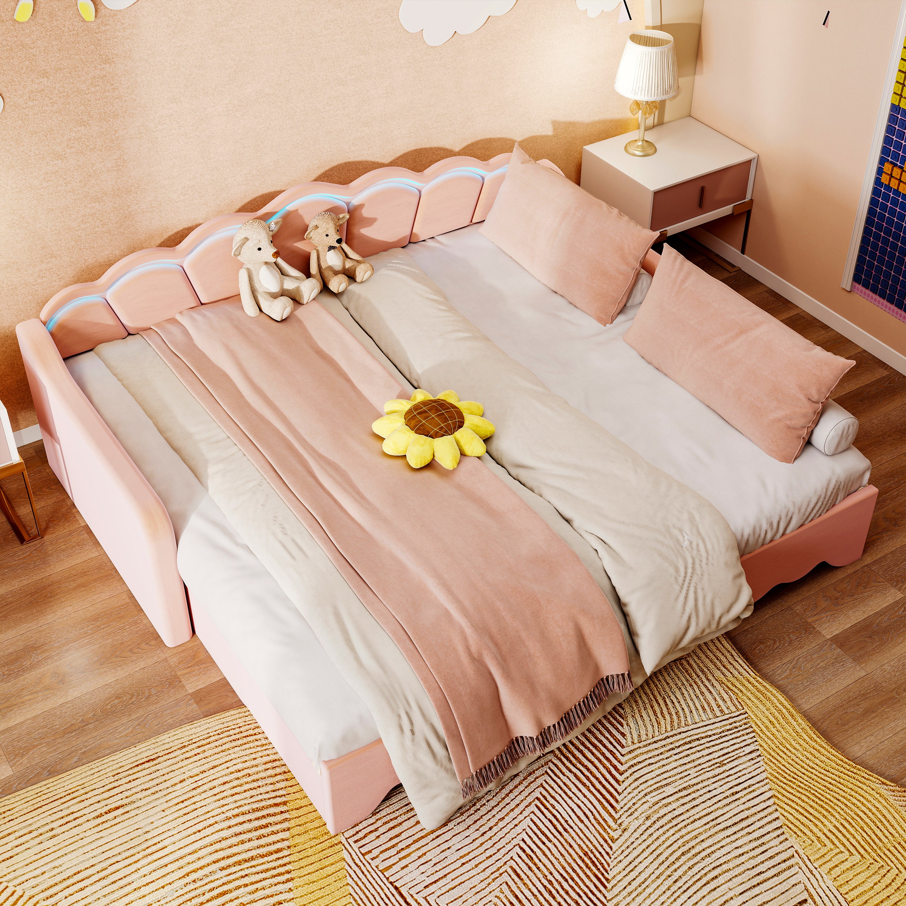 OYAJIA Kids Daybed with Trundle, LED Lighting, Soft Edges and 90x190 cm Sleeping Area