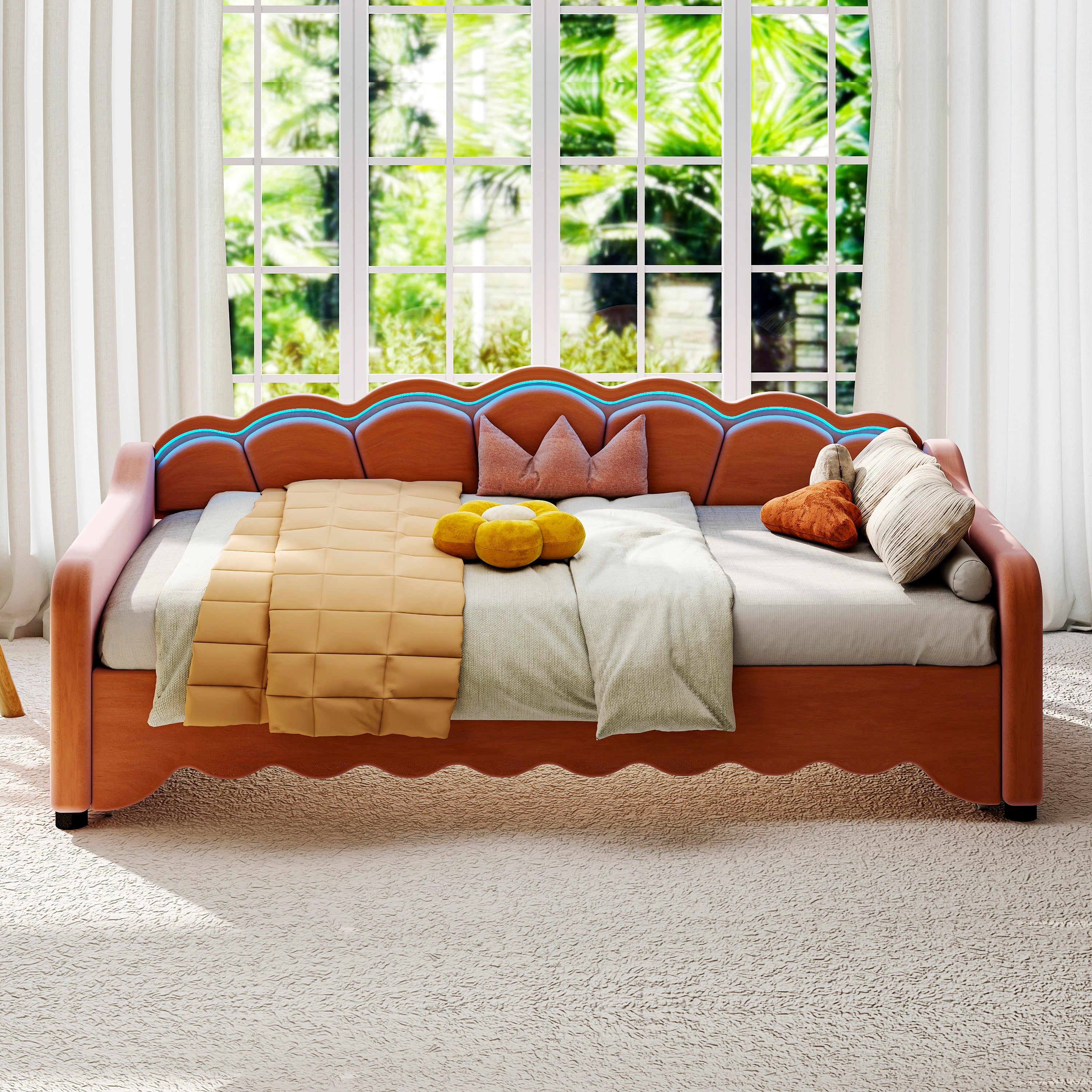 OYAJIA Kids Daybed with Trundle, LED Lighting, Soft Edges and 90x190 cm Sleeping Area