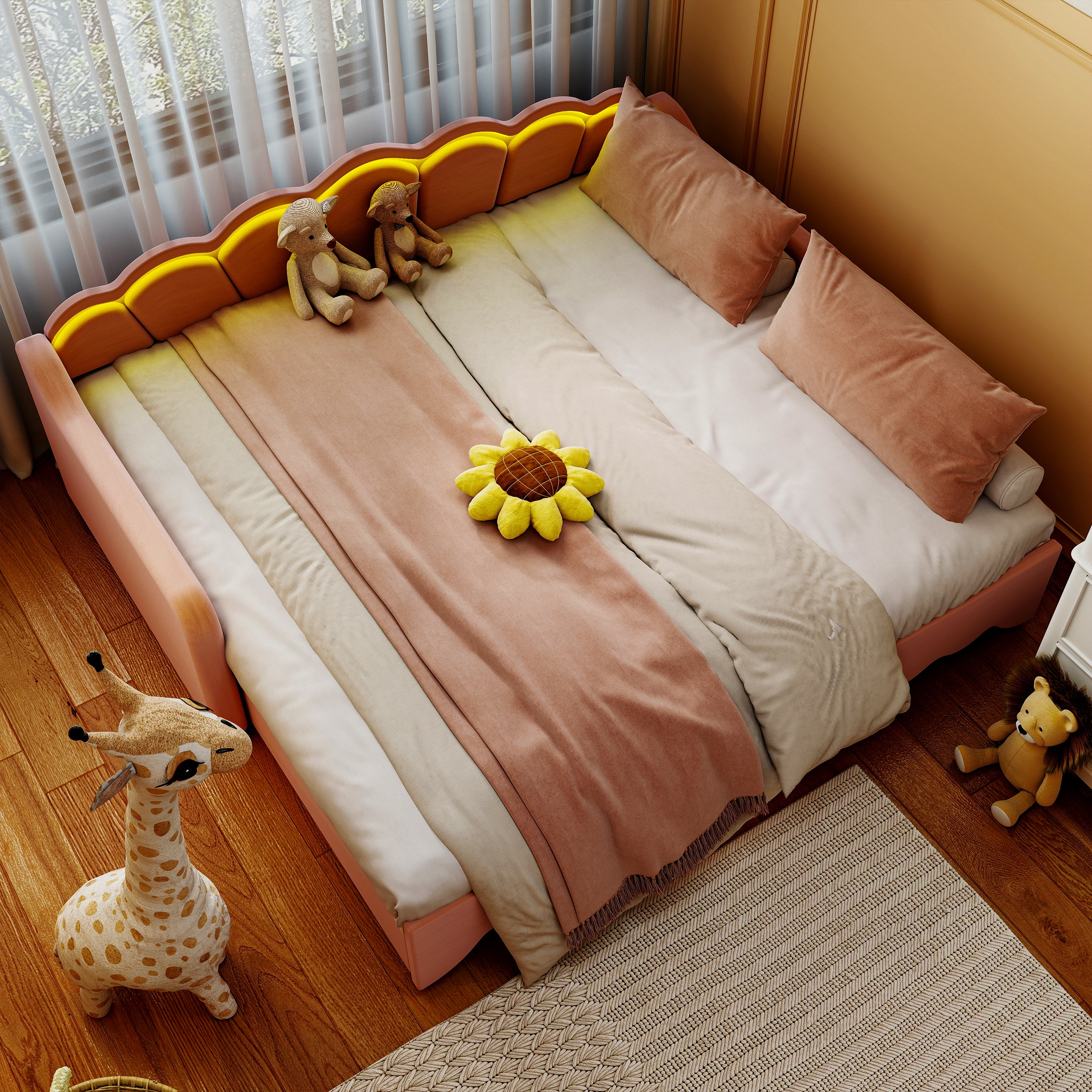 OYAJIA Kids Daybed with Trundle, LED Lighting, Soft Edges and 90x190 cm Sleeping Area