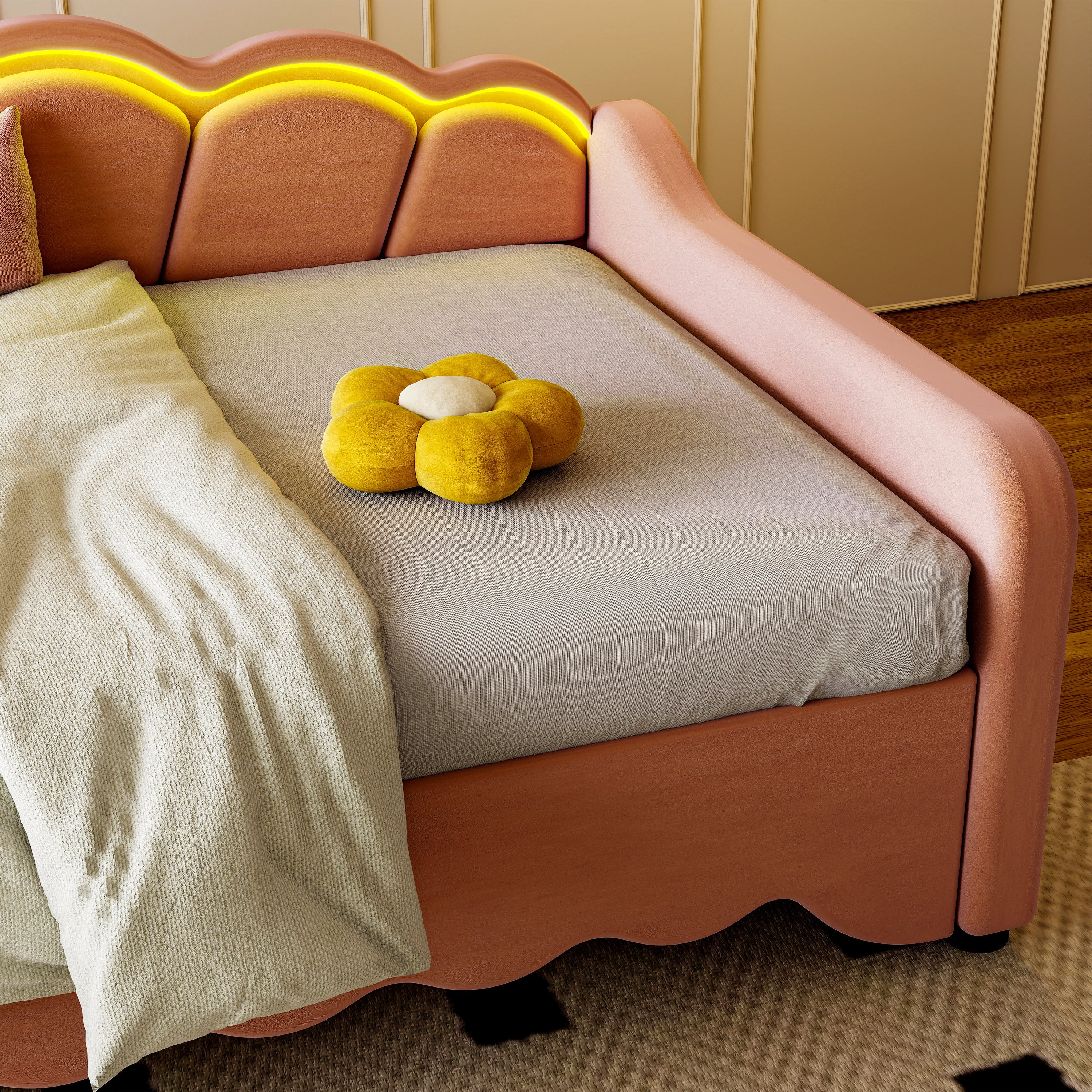 OYAJIA Kids Daybed with Trundle, LED Lighting, Soft Edges and 90x190 cm Sleeping Area
