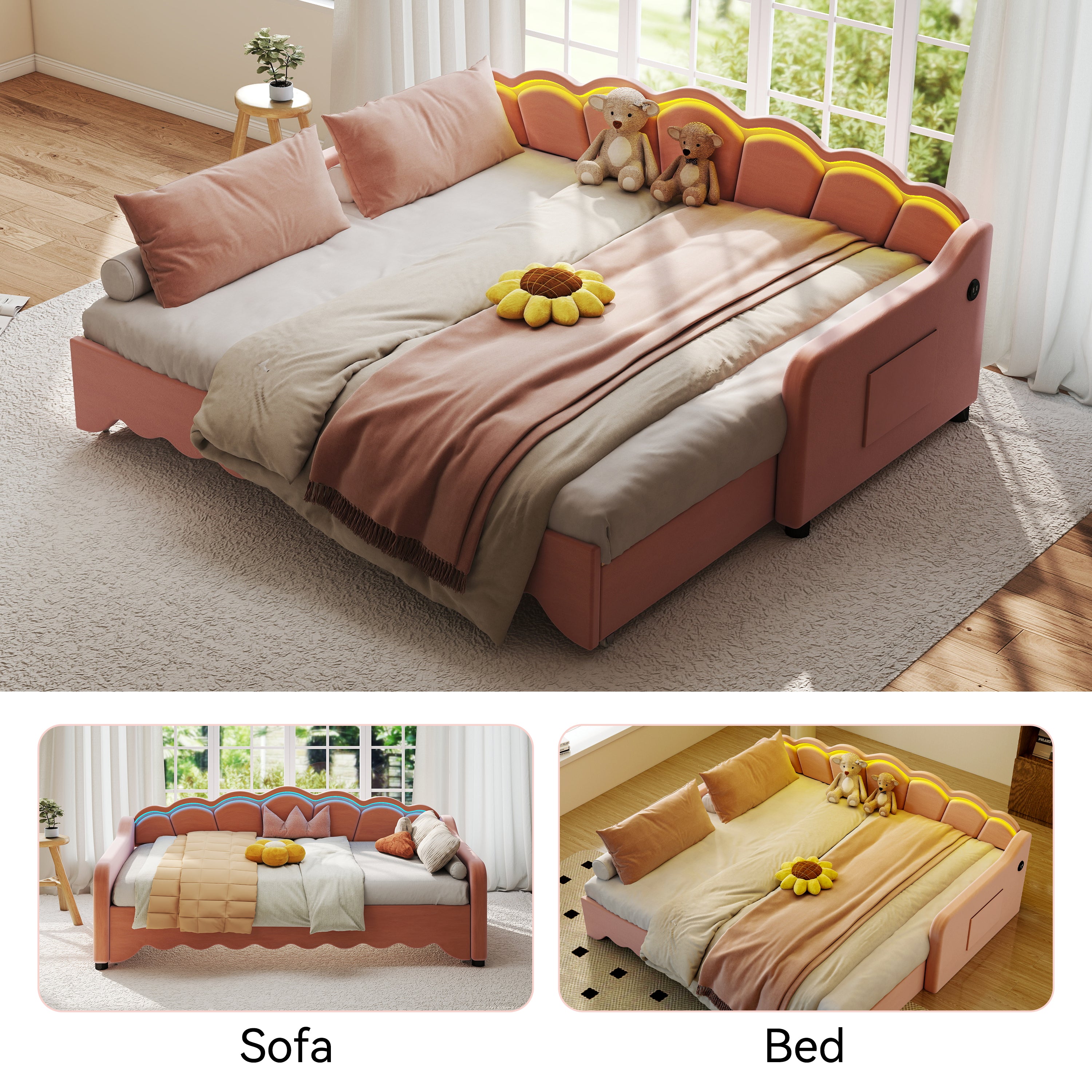 OYAJIA Kids Daybed with Trundle, LED Lighting, Soft Edges and 90x190 cm Sleeping Area