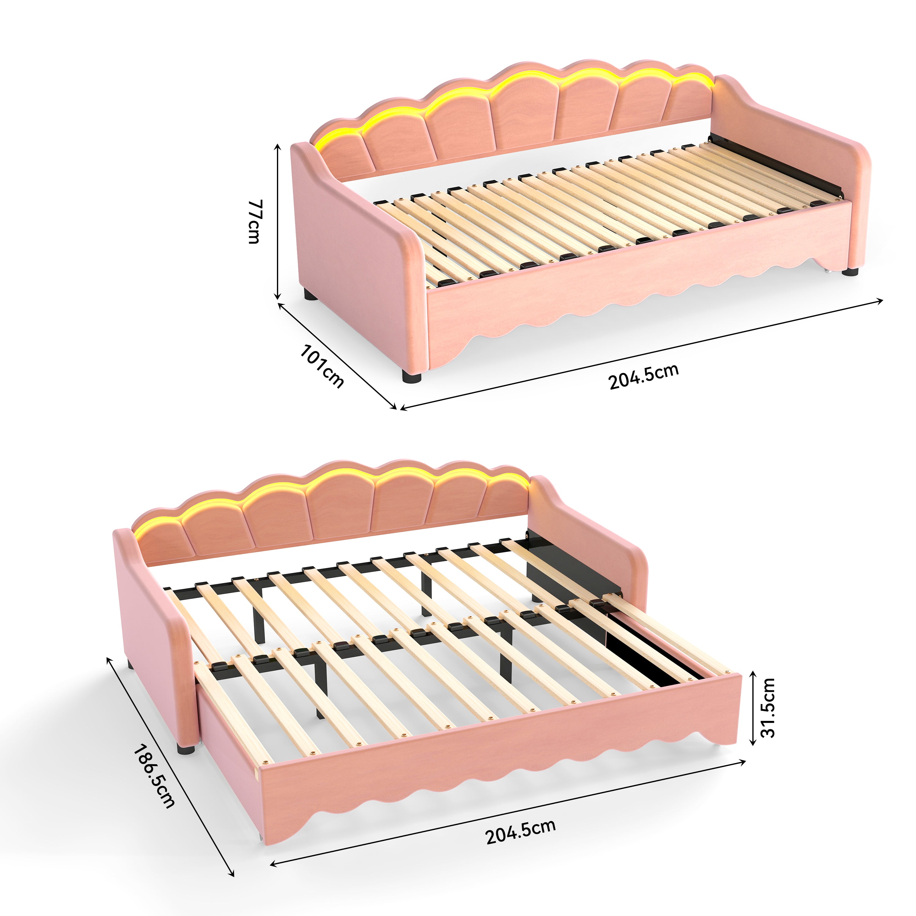 OYAJIA Kids Daybed with Trundle, LED Lighting, Soft Edges and 90x190 cm Sleeping Area