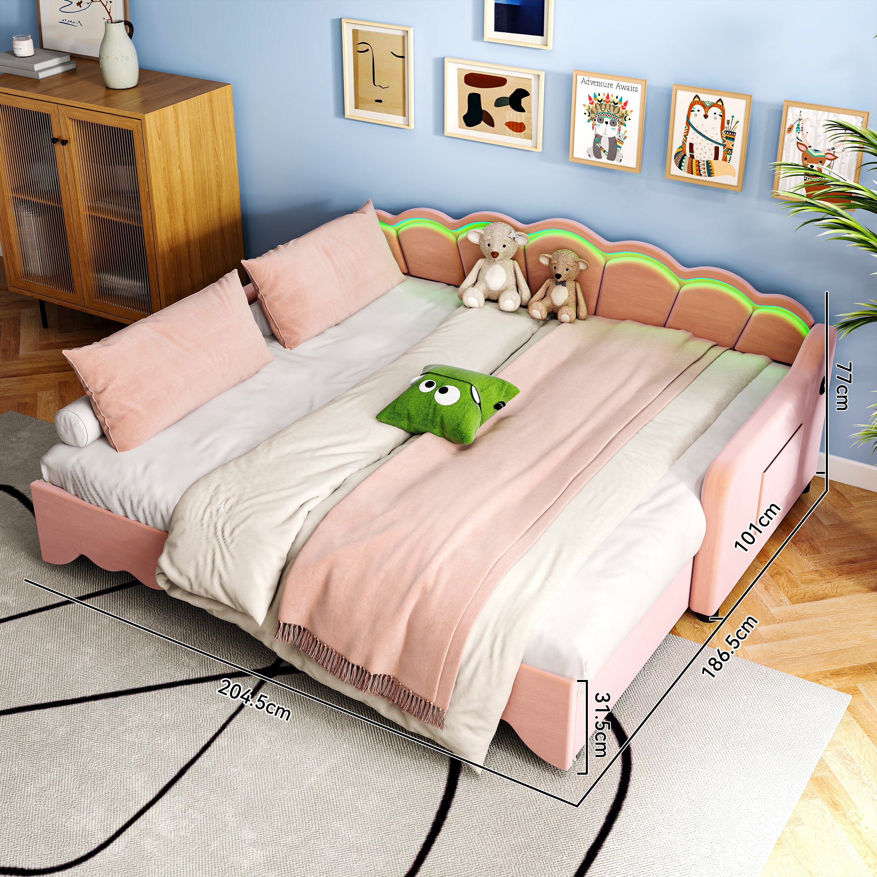 OYAJIA Kids Daybed with Trundle, LED Lighting, Soft Edges and 90x190 cm Sleeping Area