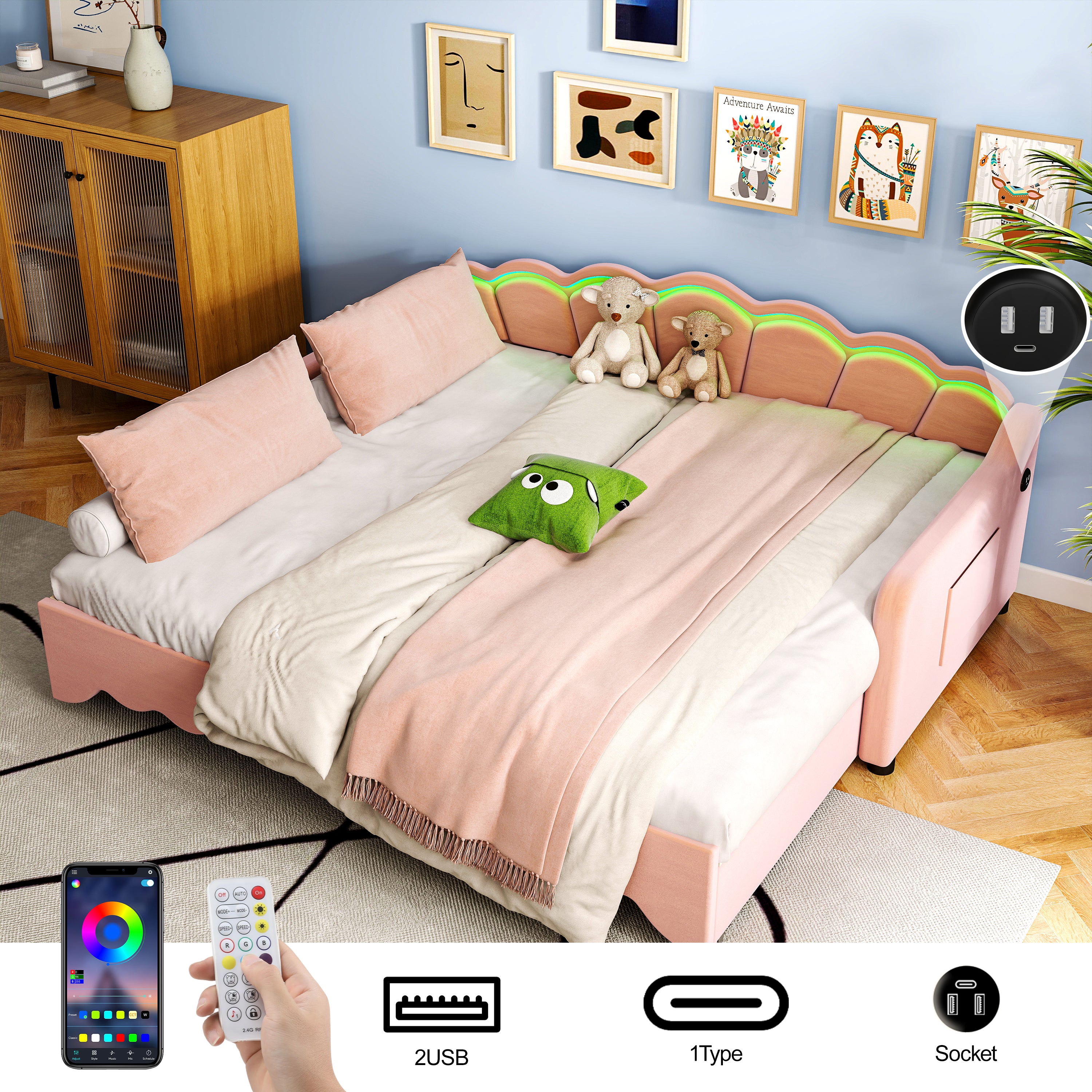 OYAJIA Kids Daybed with Trundle, LED Lighting, Soft Edges and 90x190 cm Sleeping Area