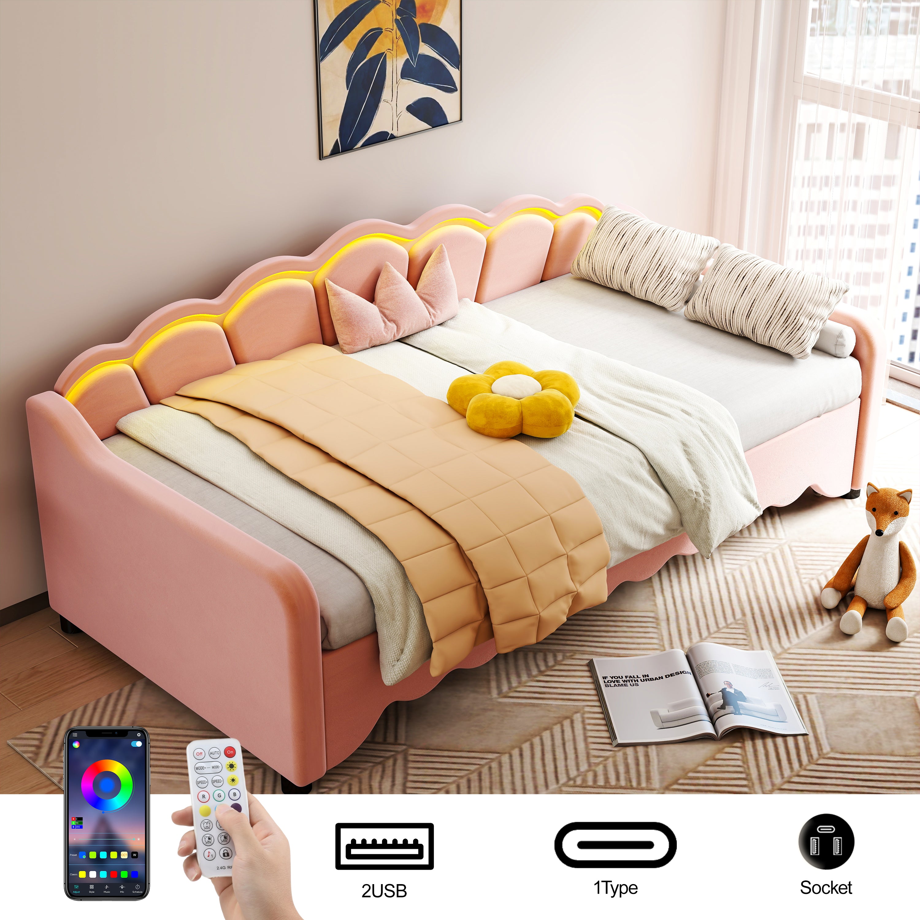 OYAJIA Kids Daybed with Trundle, LED Lighting, Soft Edges and 90x190 cm Sleeping Area