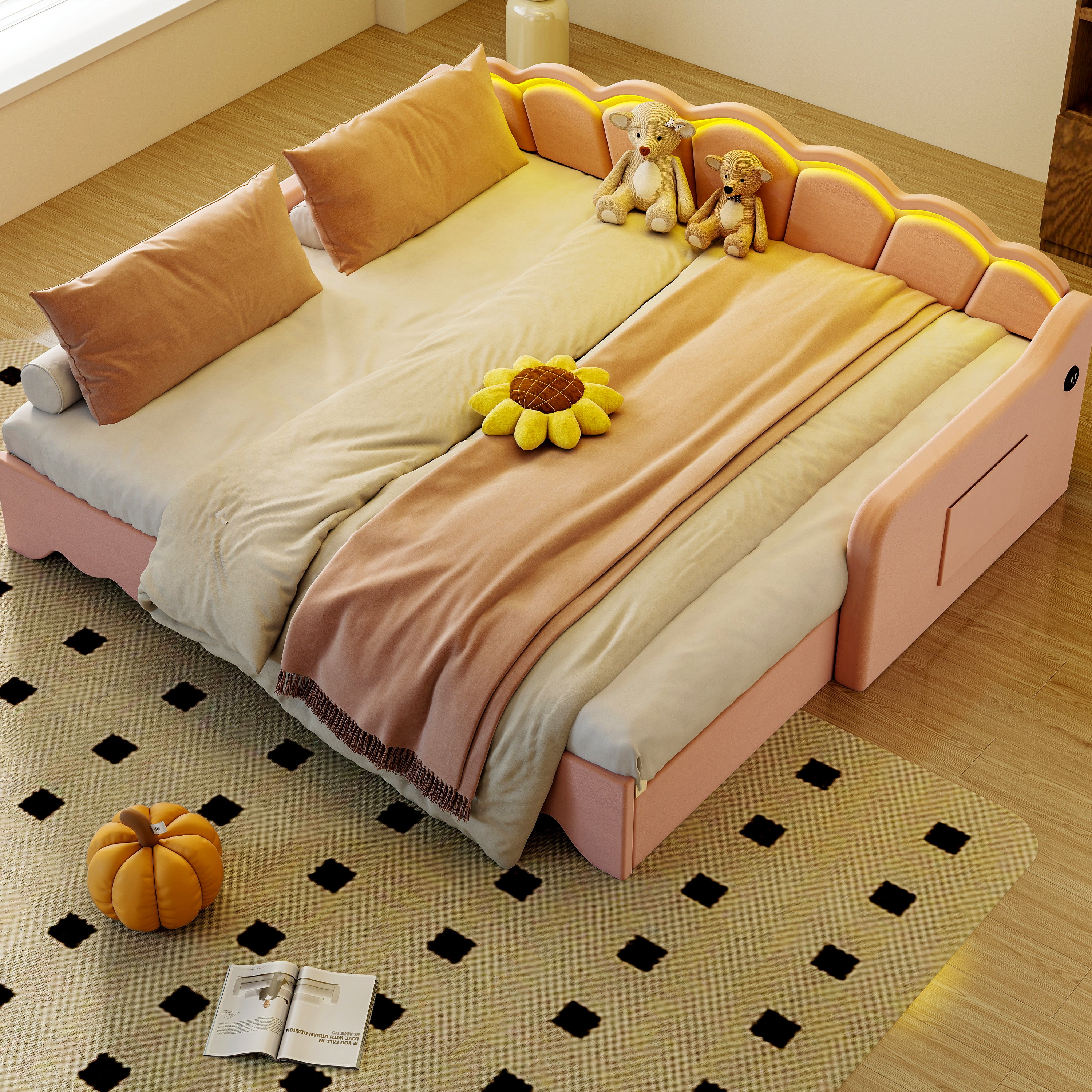 OYAJIA Kids Daybed with Trundle, LED Lighting, Soft Edges and 90x190 cm Sleeping Area