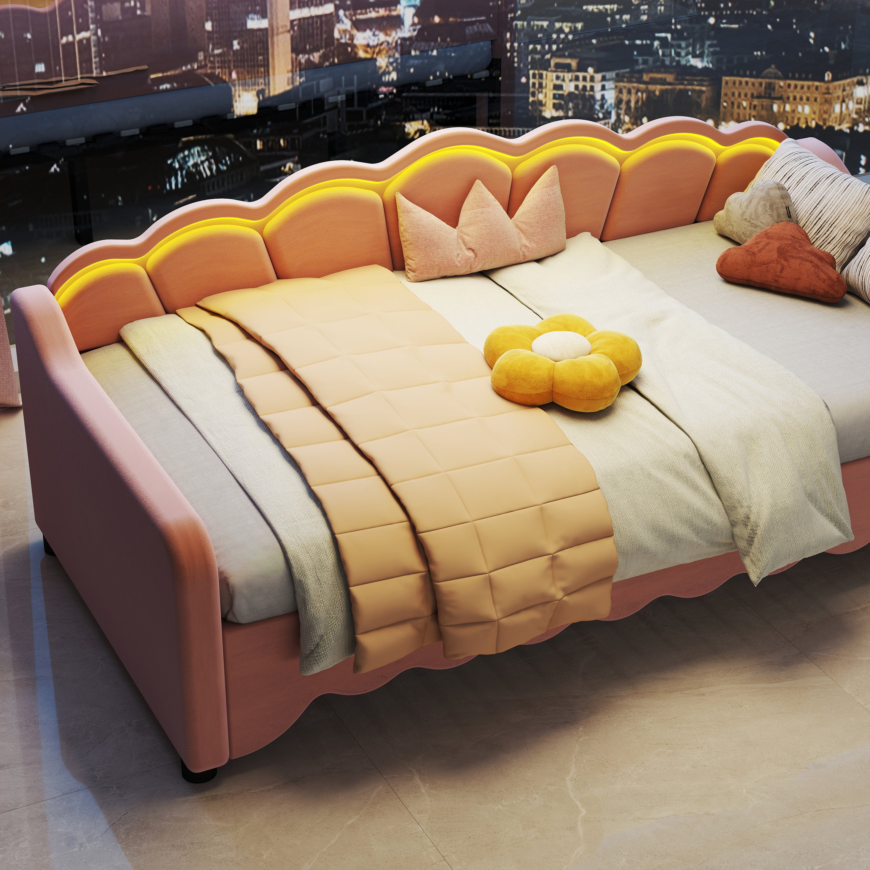 OYAJIA Kids Daybed with Trundle, LED Lighting, Soft Edges and 90x190 cm Sleeping Area