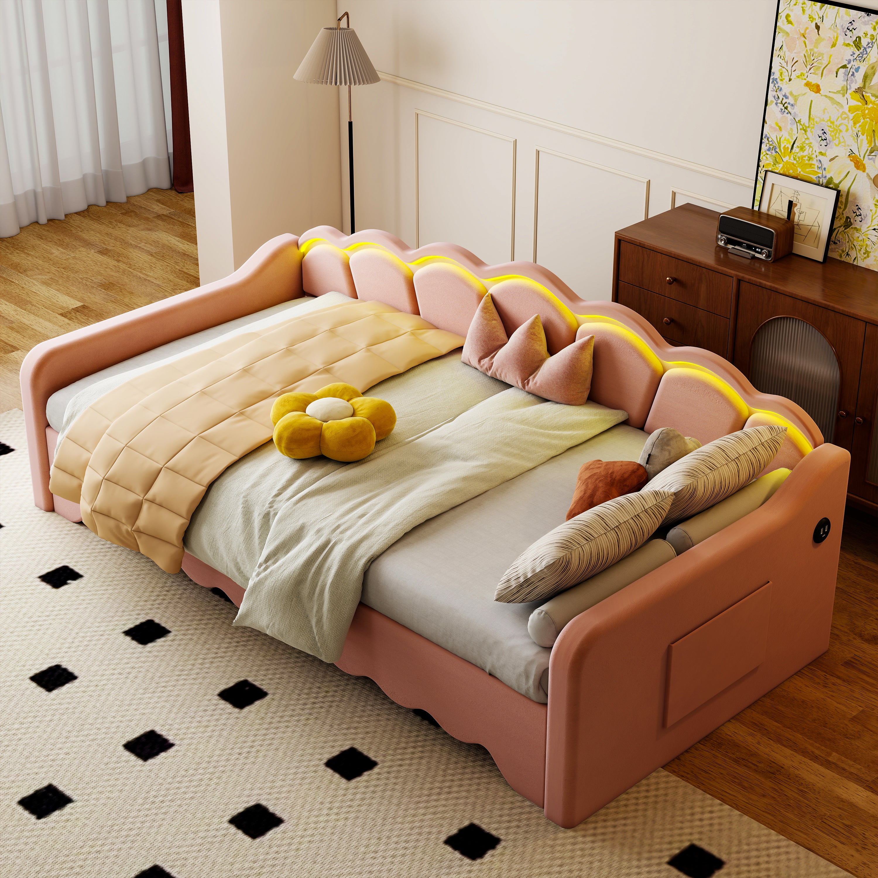 OYAJIA Kids Daybed with Trundle, LED Lighting, Soft Edges and 90x190 cm Sleeping Area