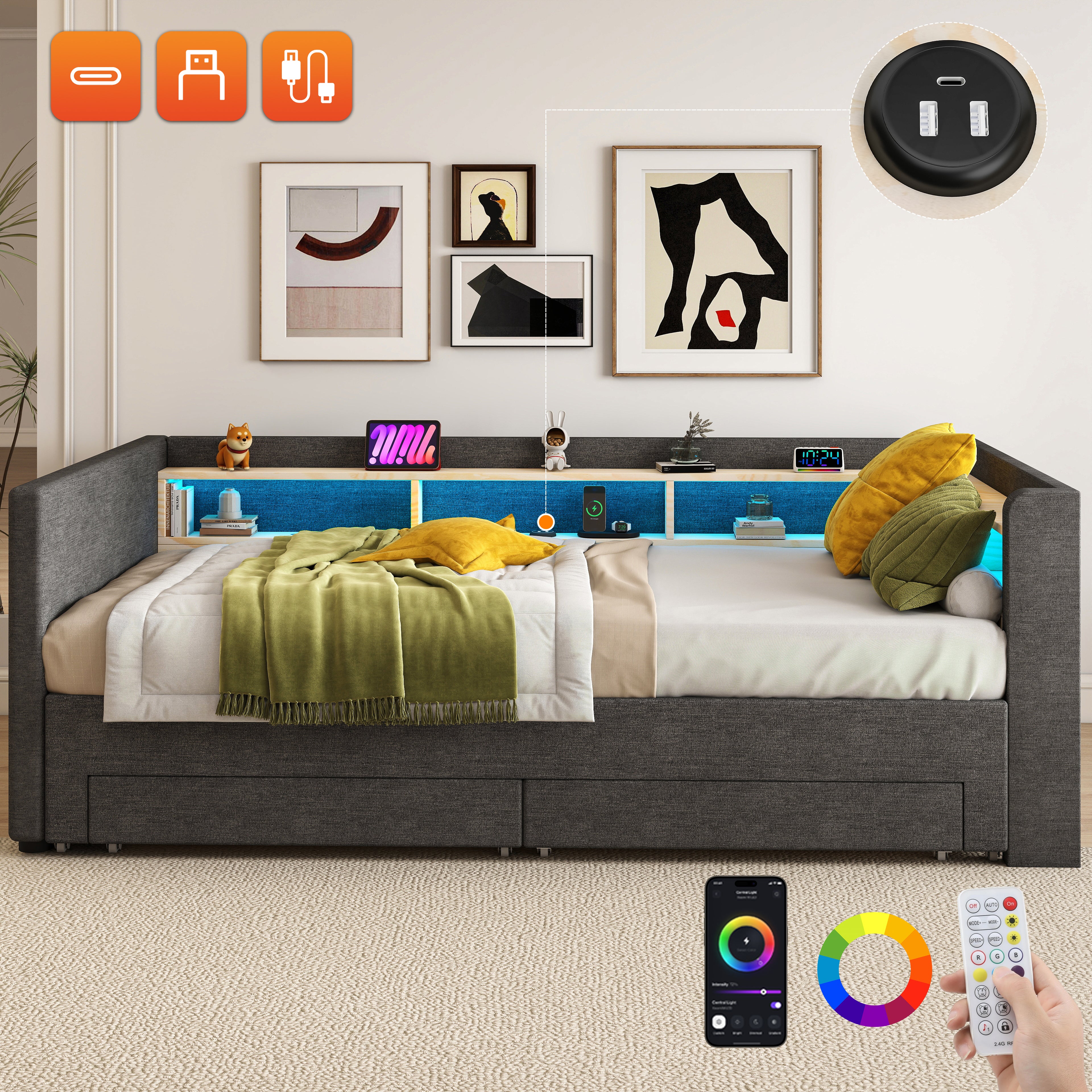 OYAJIA Upholstered Daybed with Extendable 90x190 cm Design, LED Lighting, 2 Storage Drawers