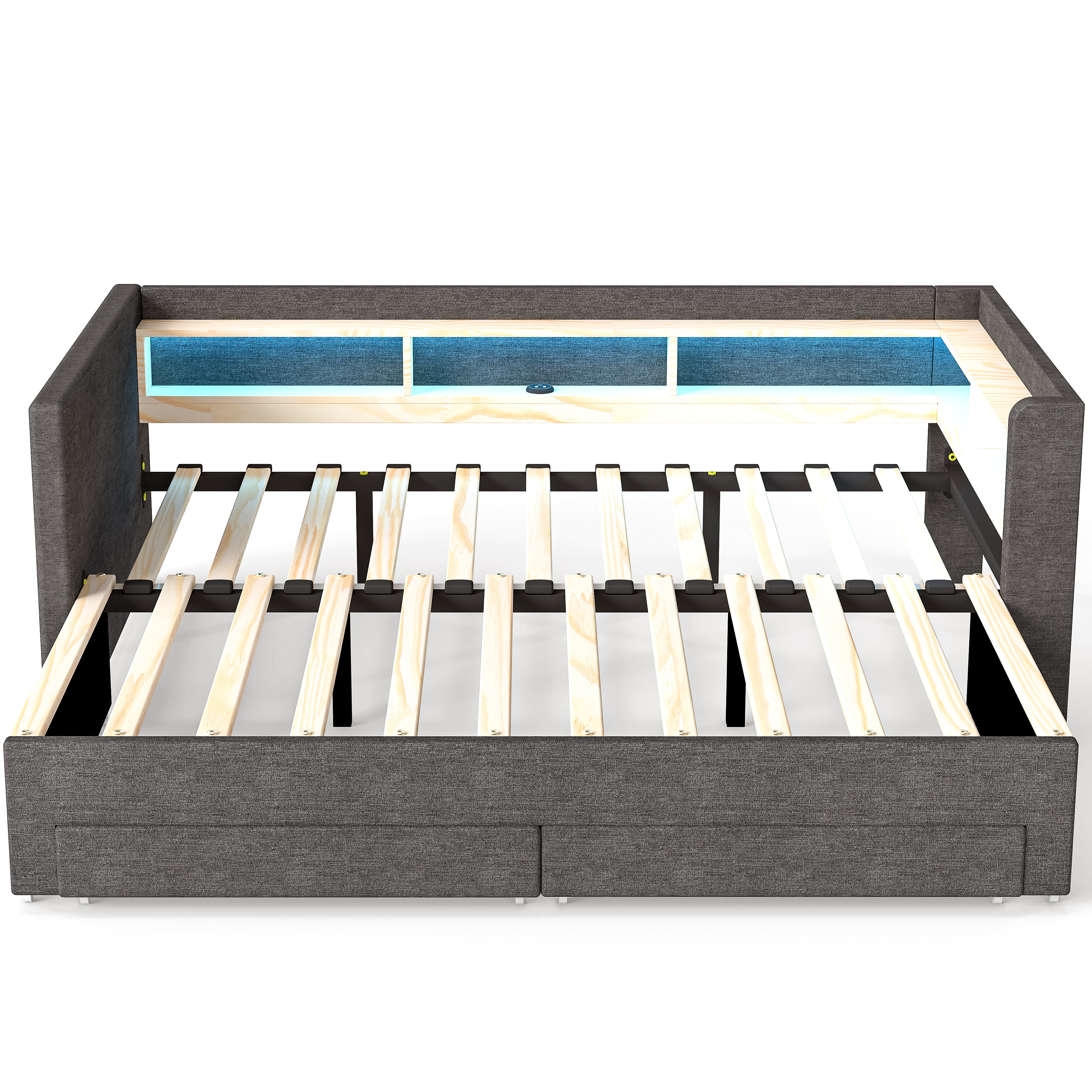 OYAJIA Upholstered Daybed with Extendable 90x190 cm Design, LED Lighting, 2 Storage Drawers